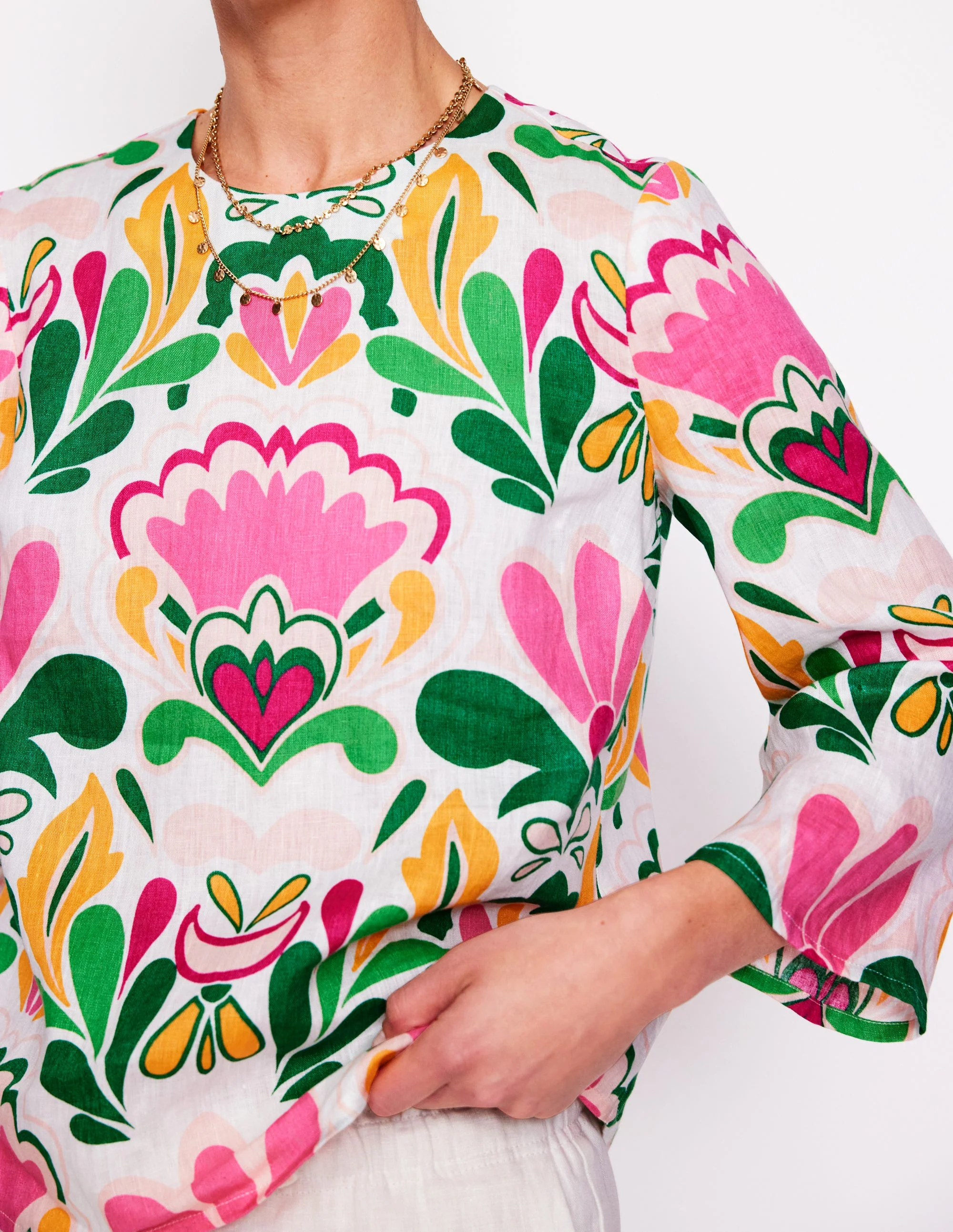 Fluted Sleeve Linen Top-Multi, Freesia Stamp - Image 3