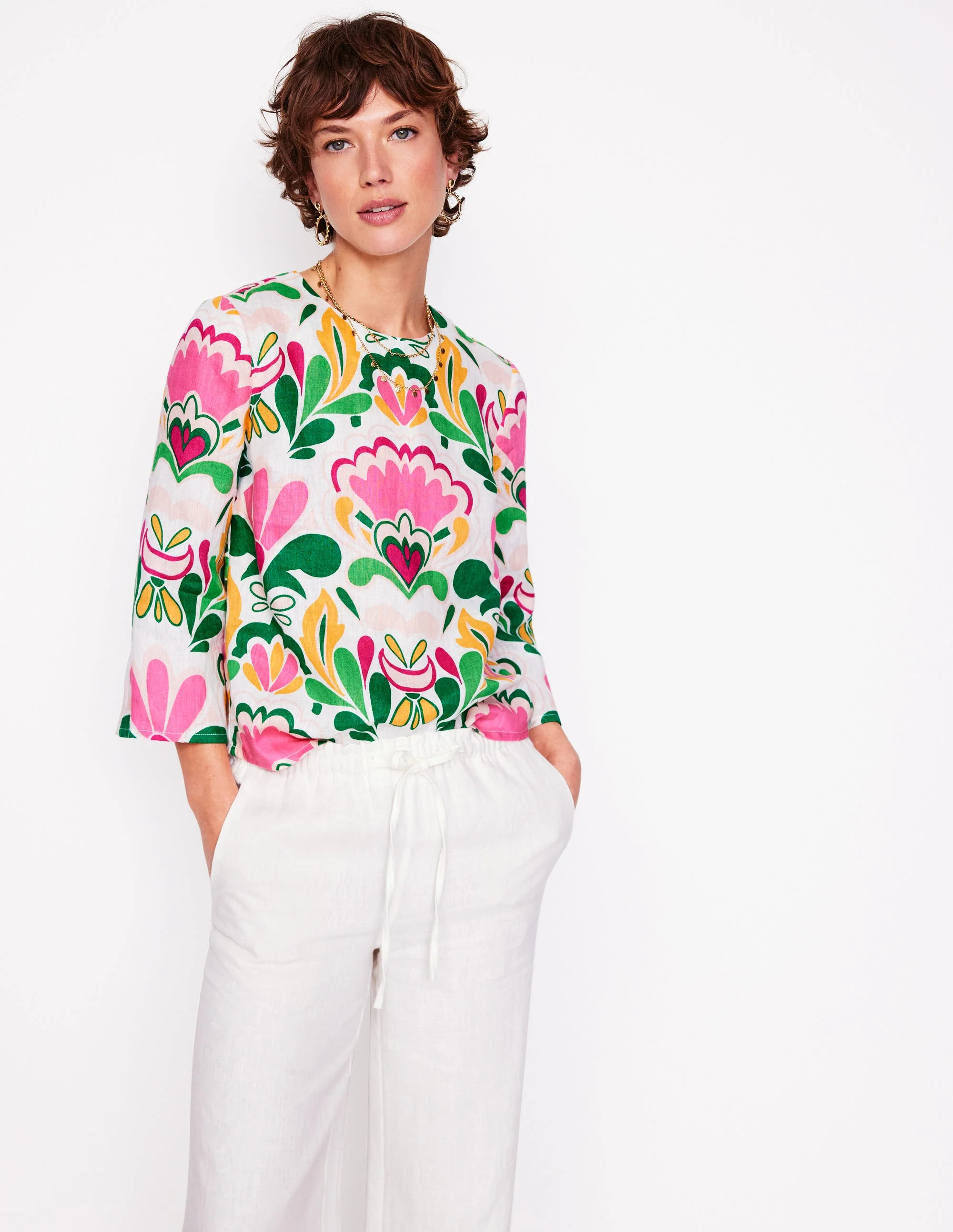 Fluted Sleeve Linen Top-Multi, Freesia Stamp - Image 5