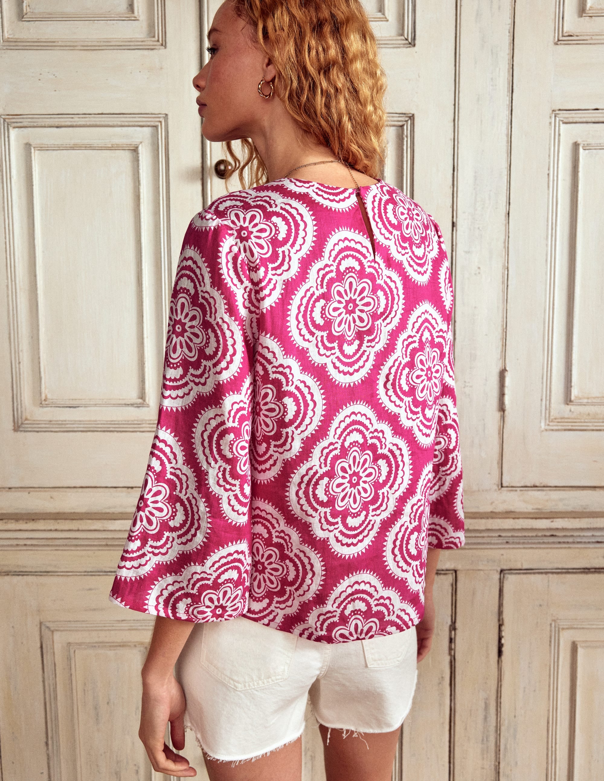 Fluted Sleeve Linen Top-Pink Peony, Botanic Blush - Image 3
