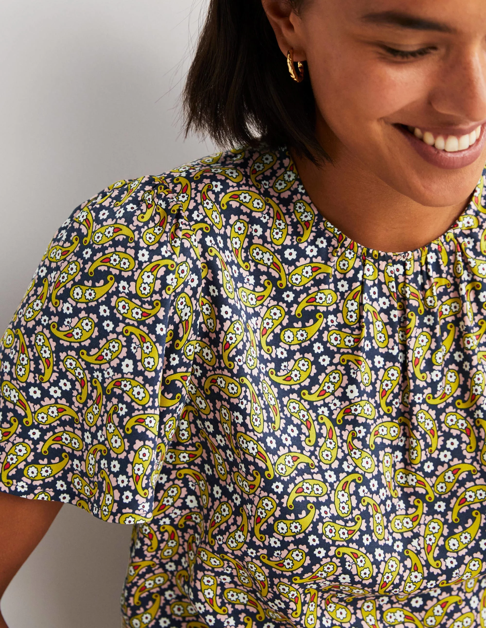 Flutter Sleeve Crew Neck Top-Citronelle, Petal Paisley - Image 2
