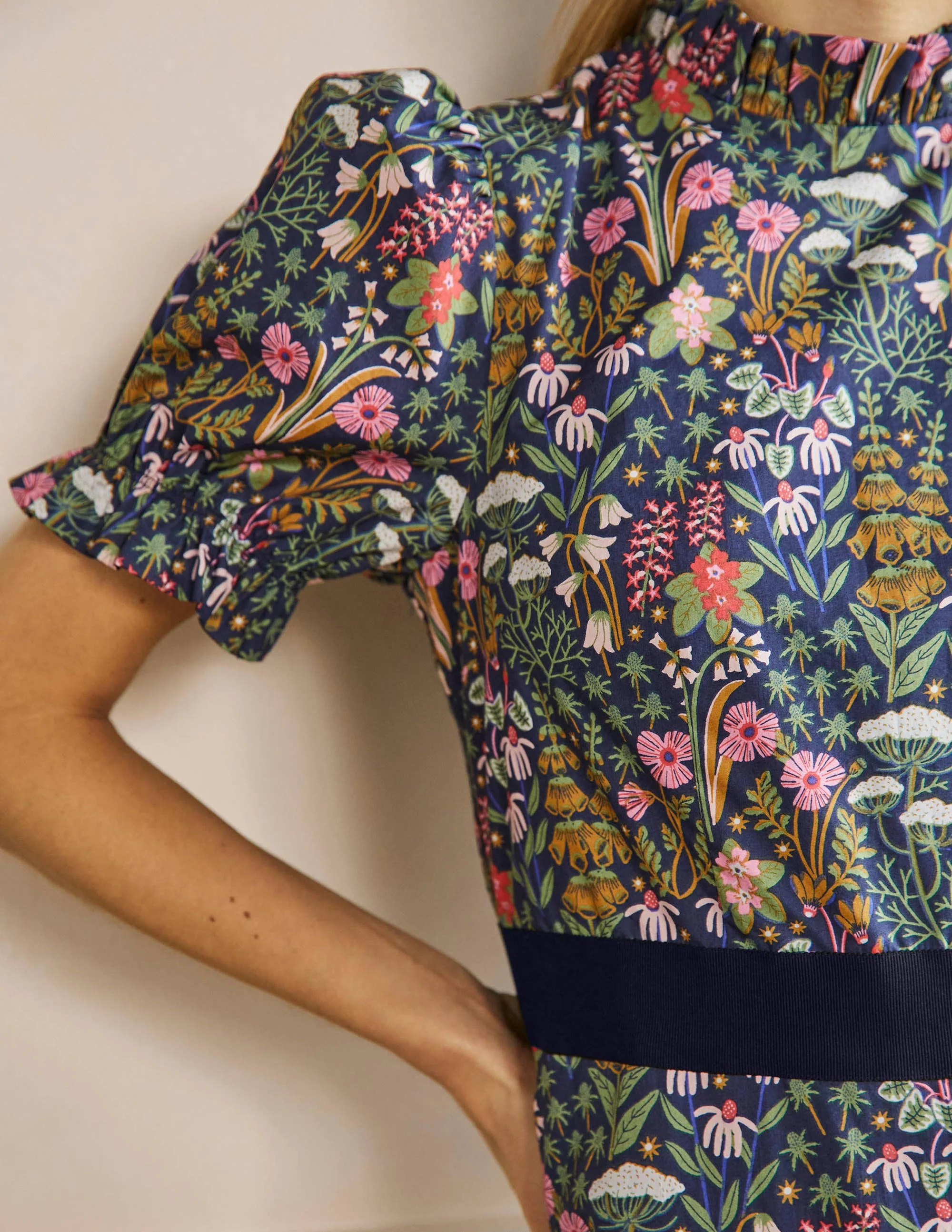 Frill Neck Tiered Midi Dress-French Navy, Wildflower Bloom - Image 2