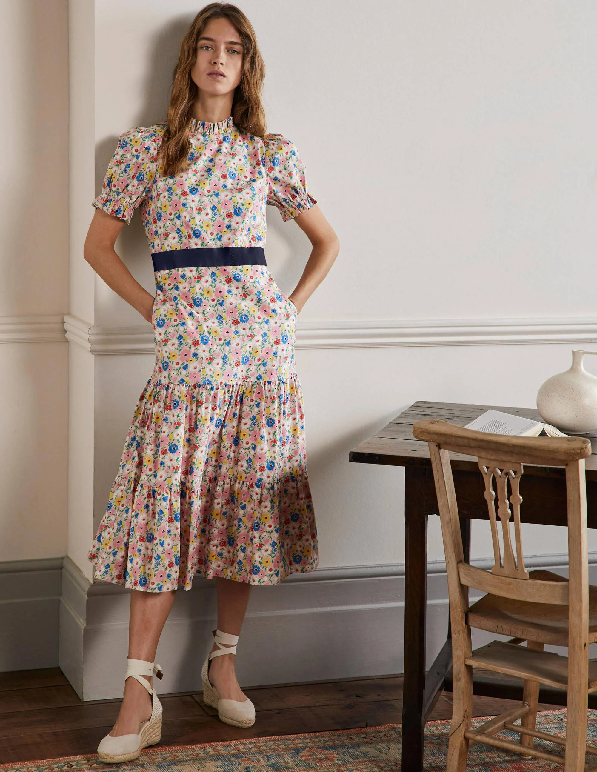 Frill Neck Tiered Midi Dress-Milkshake, Elegant Bloom
