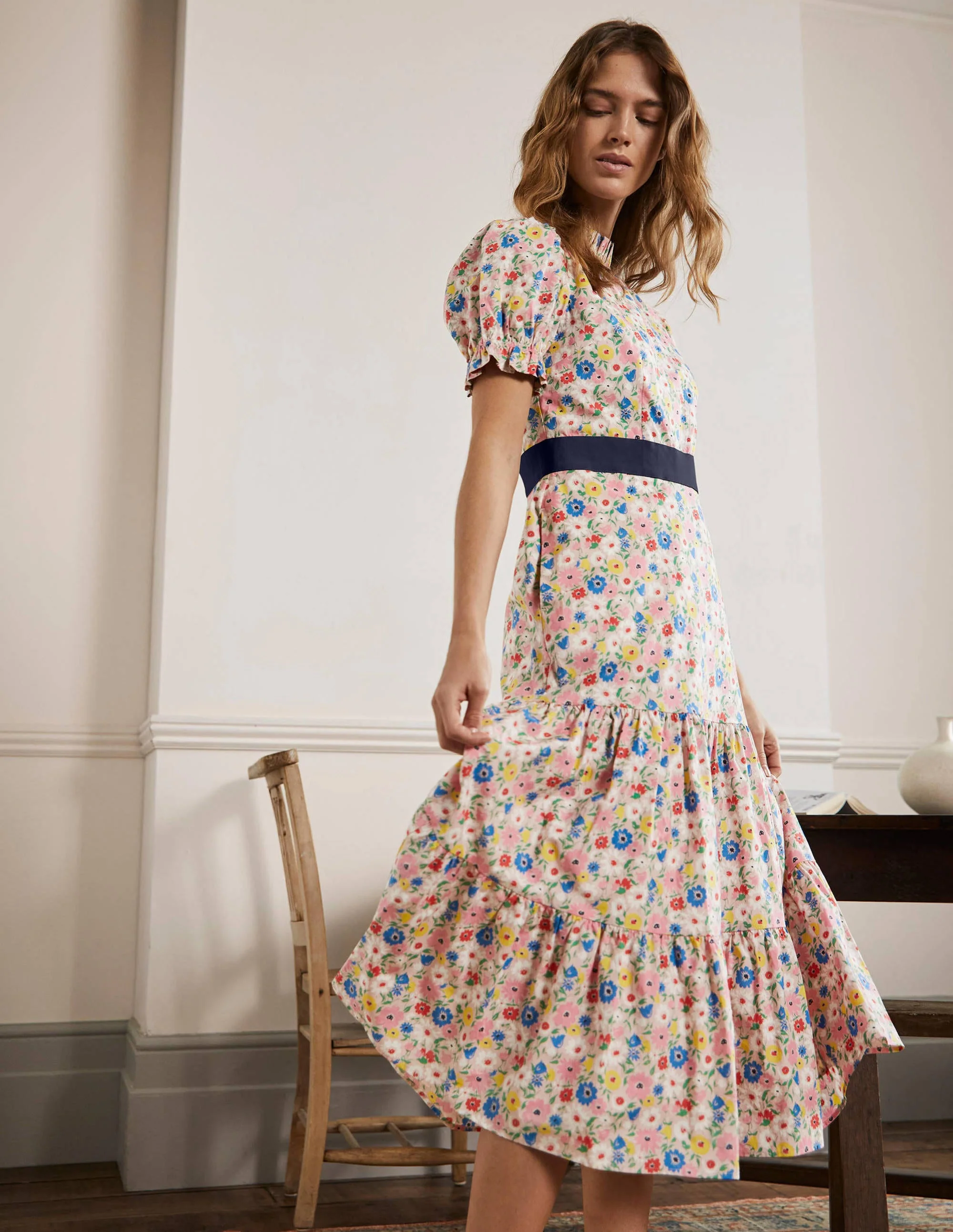 Frill Neck Tiered Midi Dress-Milkshake, Elegant Bloom - Image 4