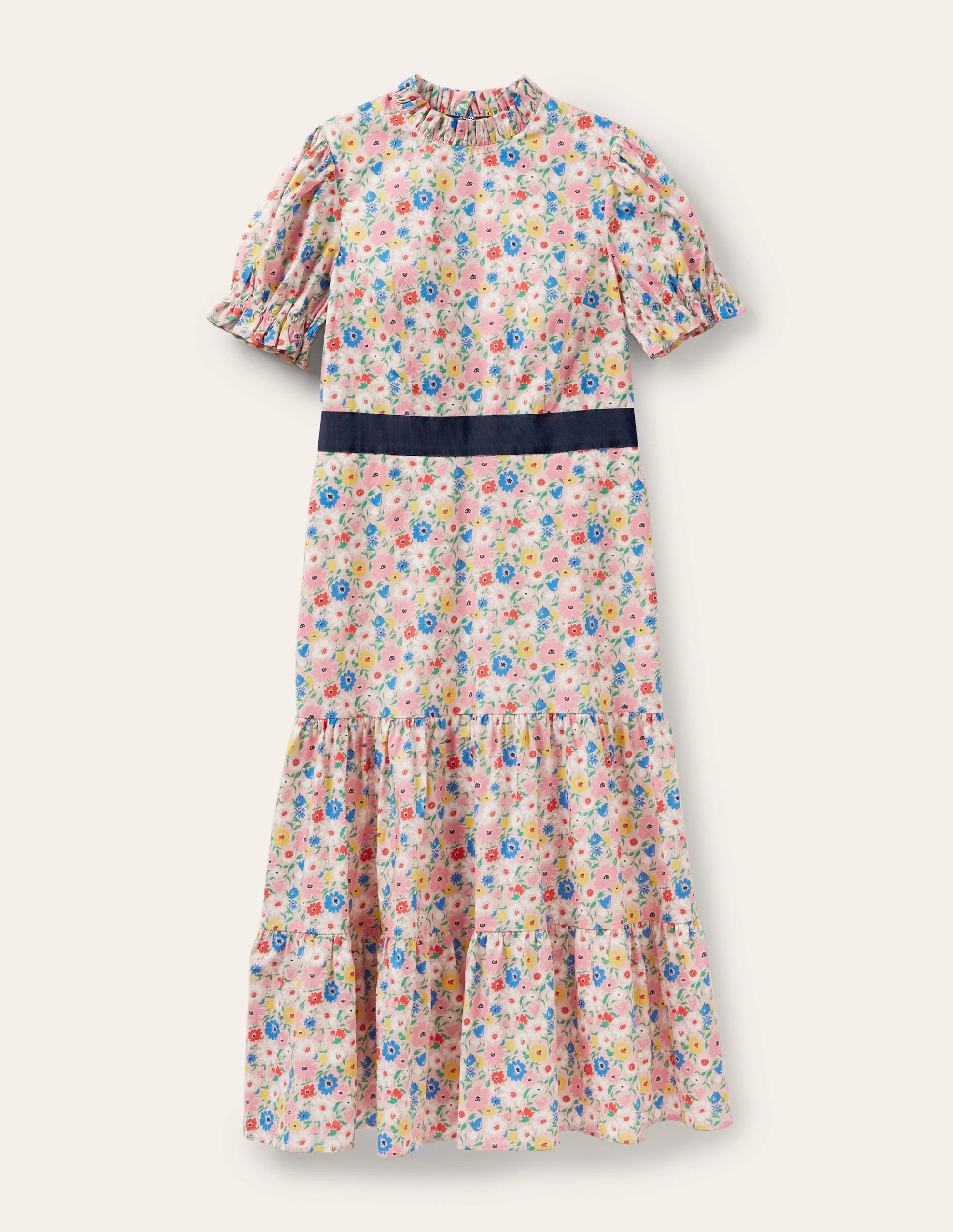 Frill Neck Tiered Midi Dress-Milkshake, Elegant Bloom - Image 6