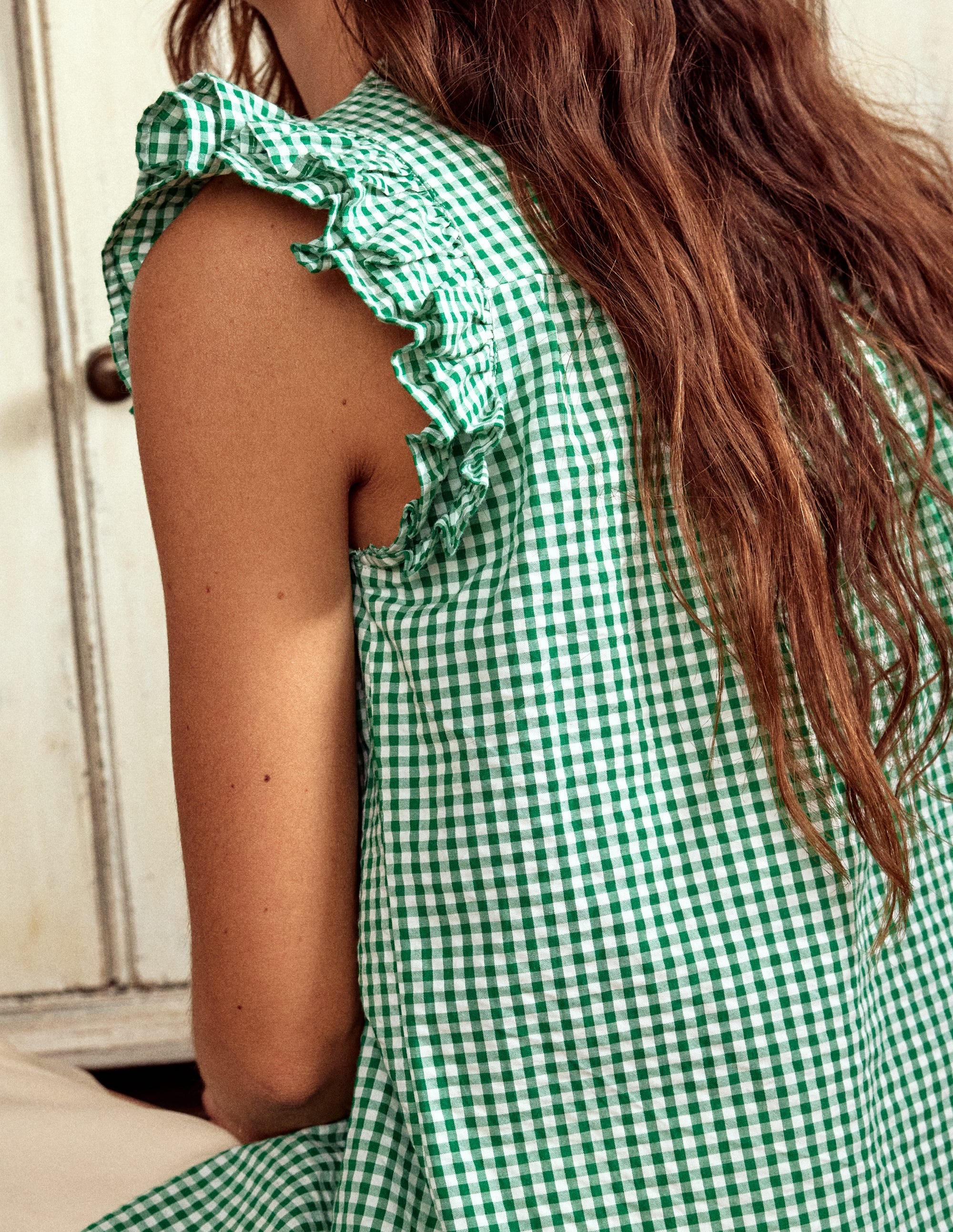 Frill Sleeve Seersucker Top-Rich Emerald Micro Gingham - Image 2