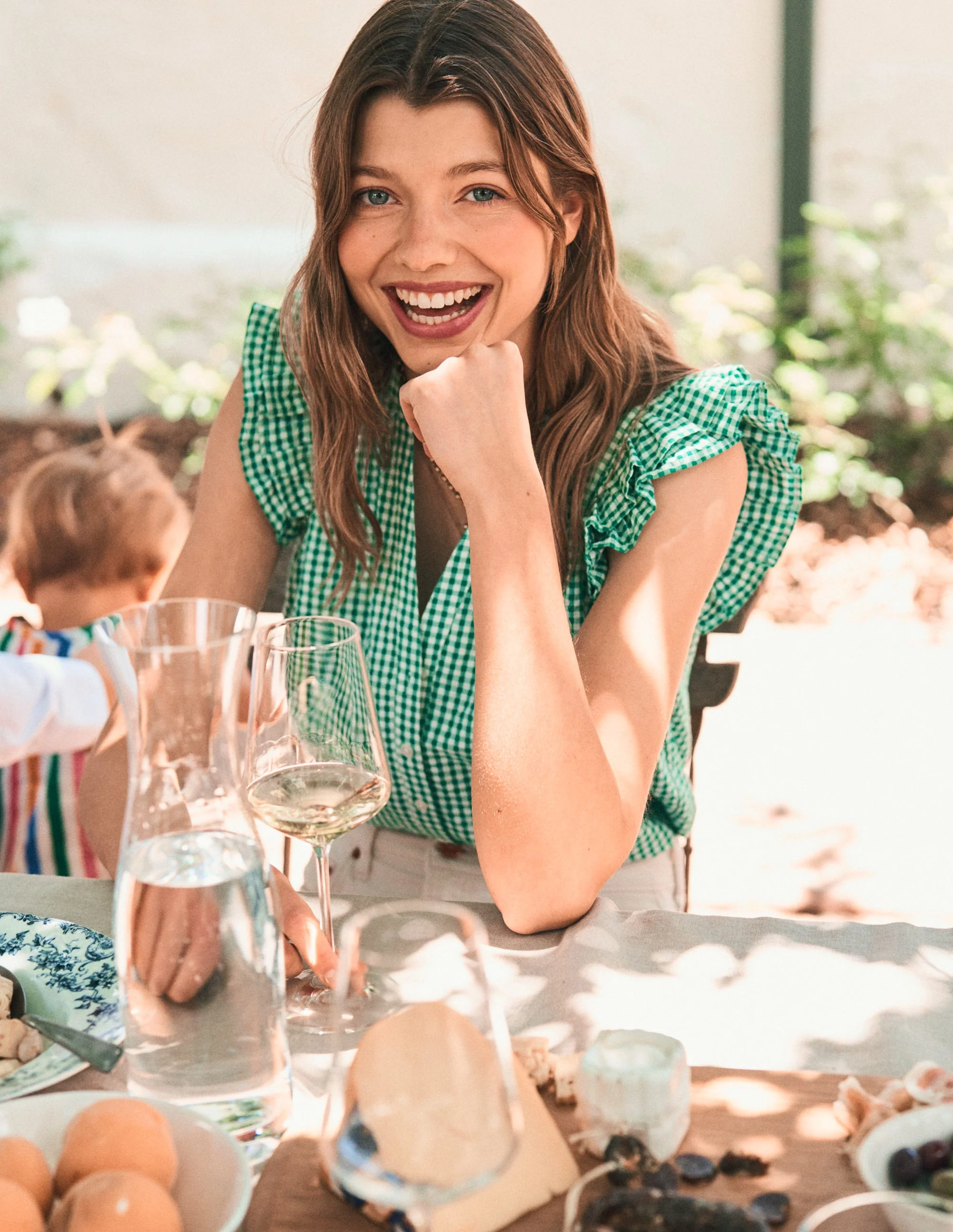 Frill Sleeve Seersucker Top-Rich Emerald Micro Gingham - Image 3