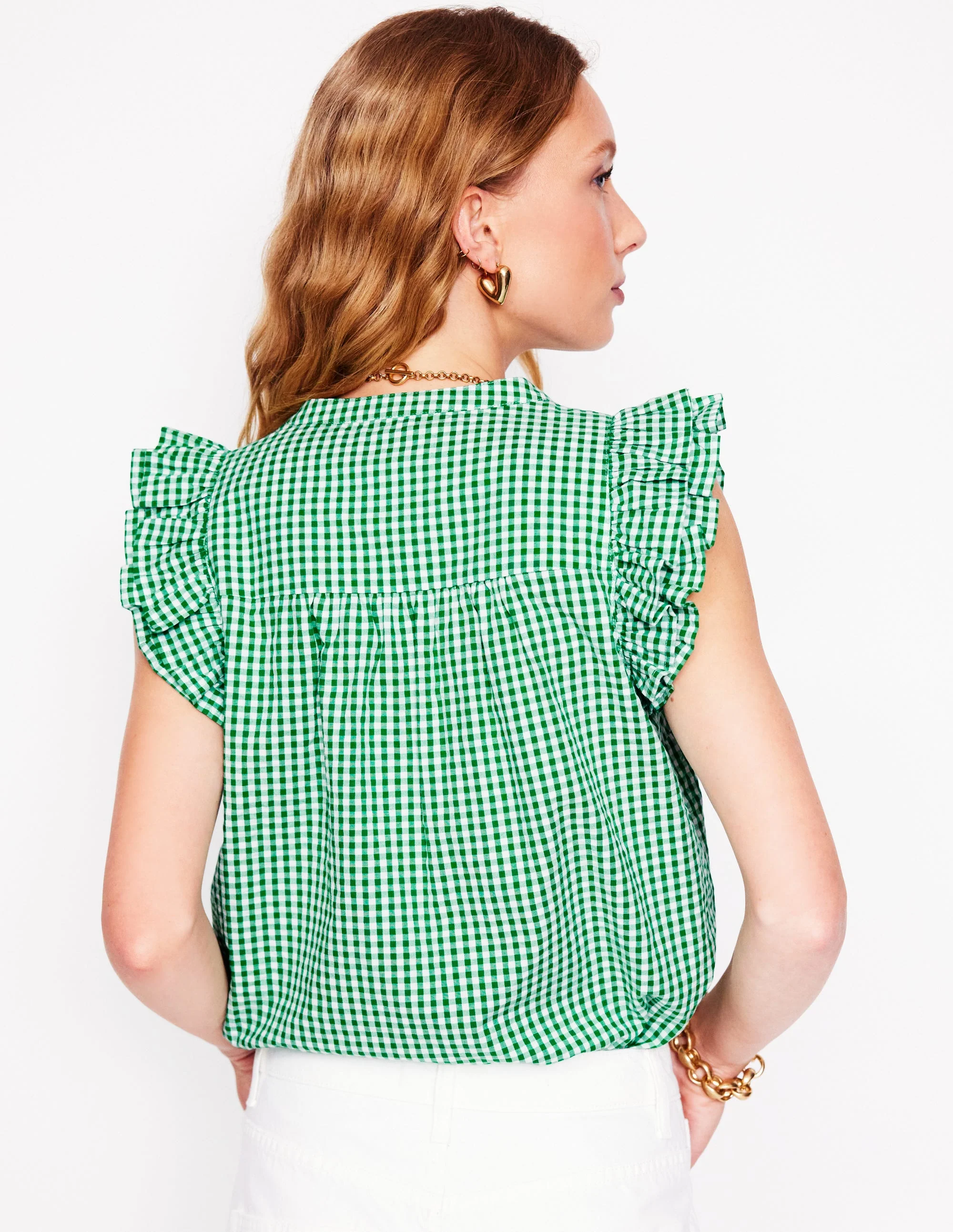 Frill Sleeve Seersucker Top-Rich Emerald Micro Gingham - Image 6
