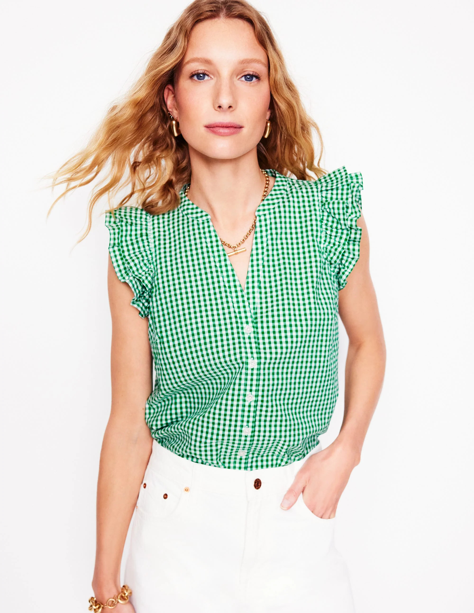 Frill Sleeve Seersucker Top-Rich Emerald Micro Gingham - Image 7