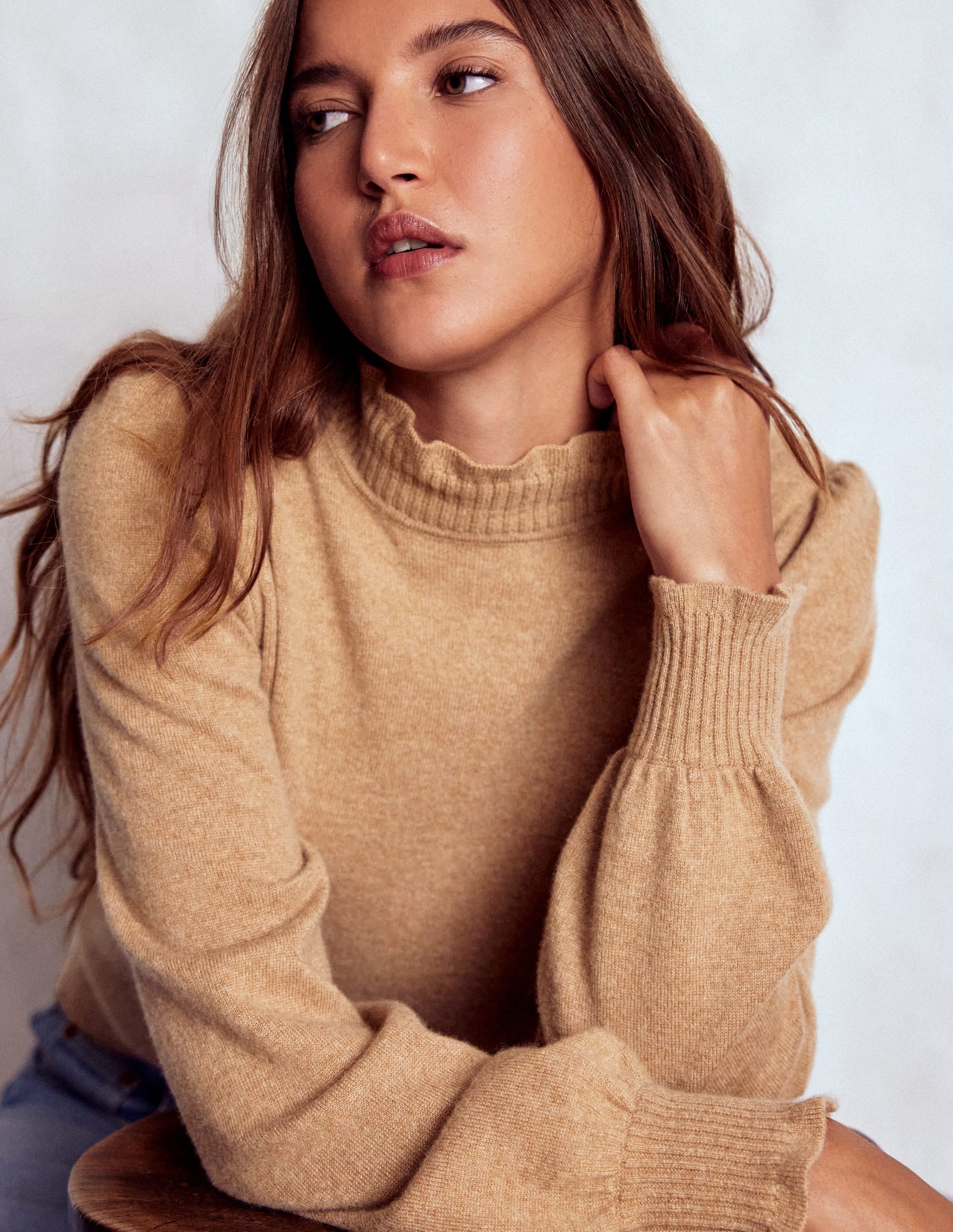 Frill Trim Cashmere Jumper-Camel Melange - Image 2