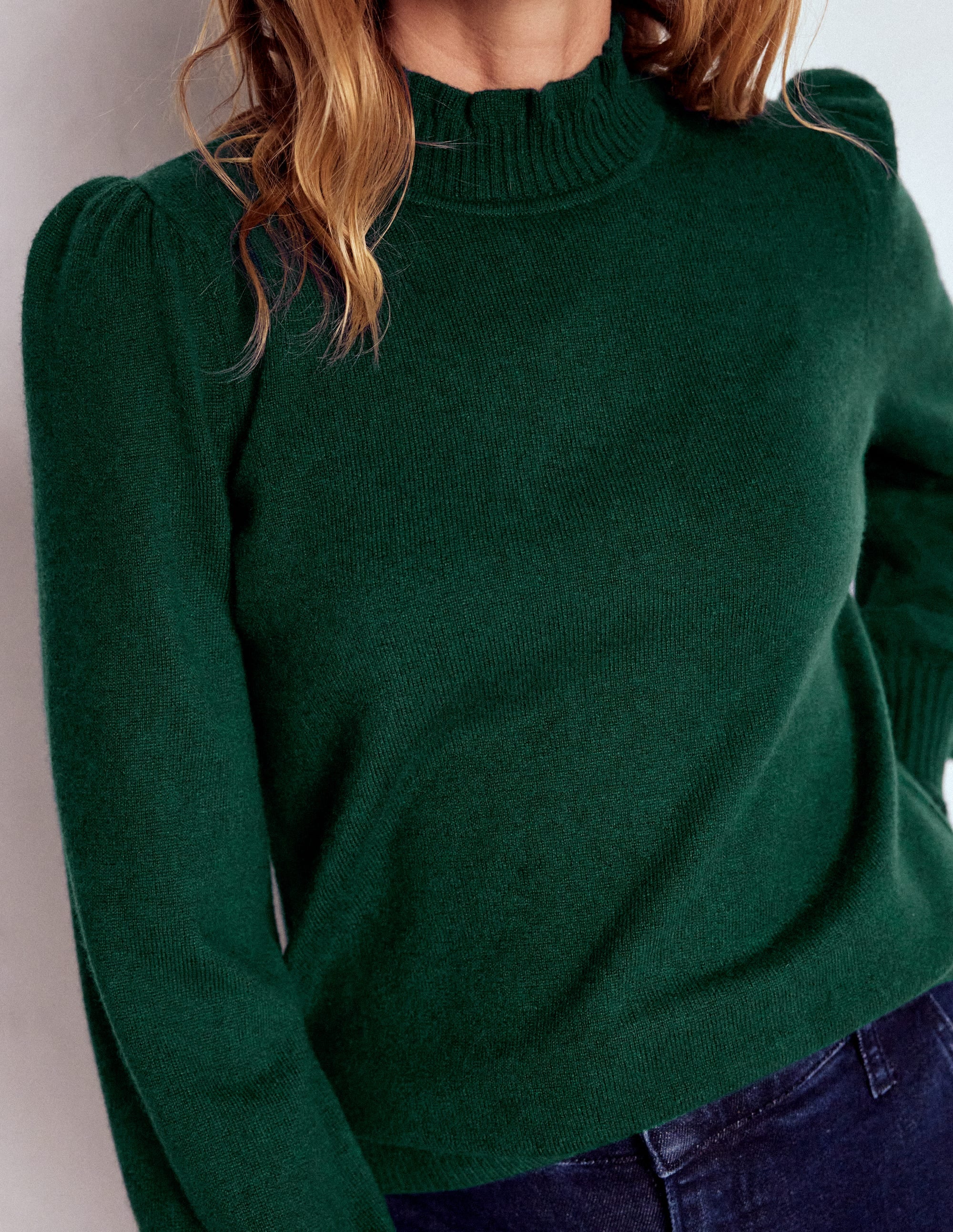 Frill Trim Cashmere Jumper-Mallard Blue - Image 2
