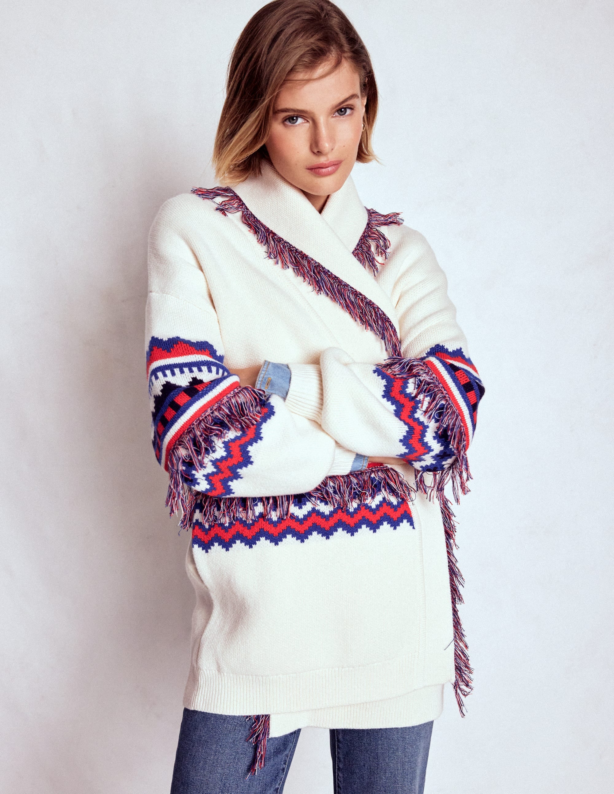 Fringed Jacquard Cardigan-Warm Ivory Melange - Image 5