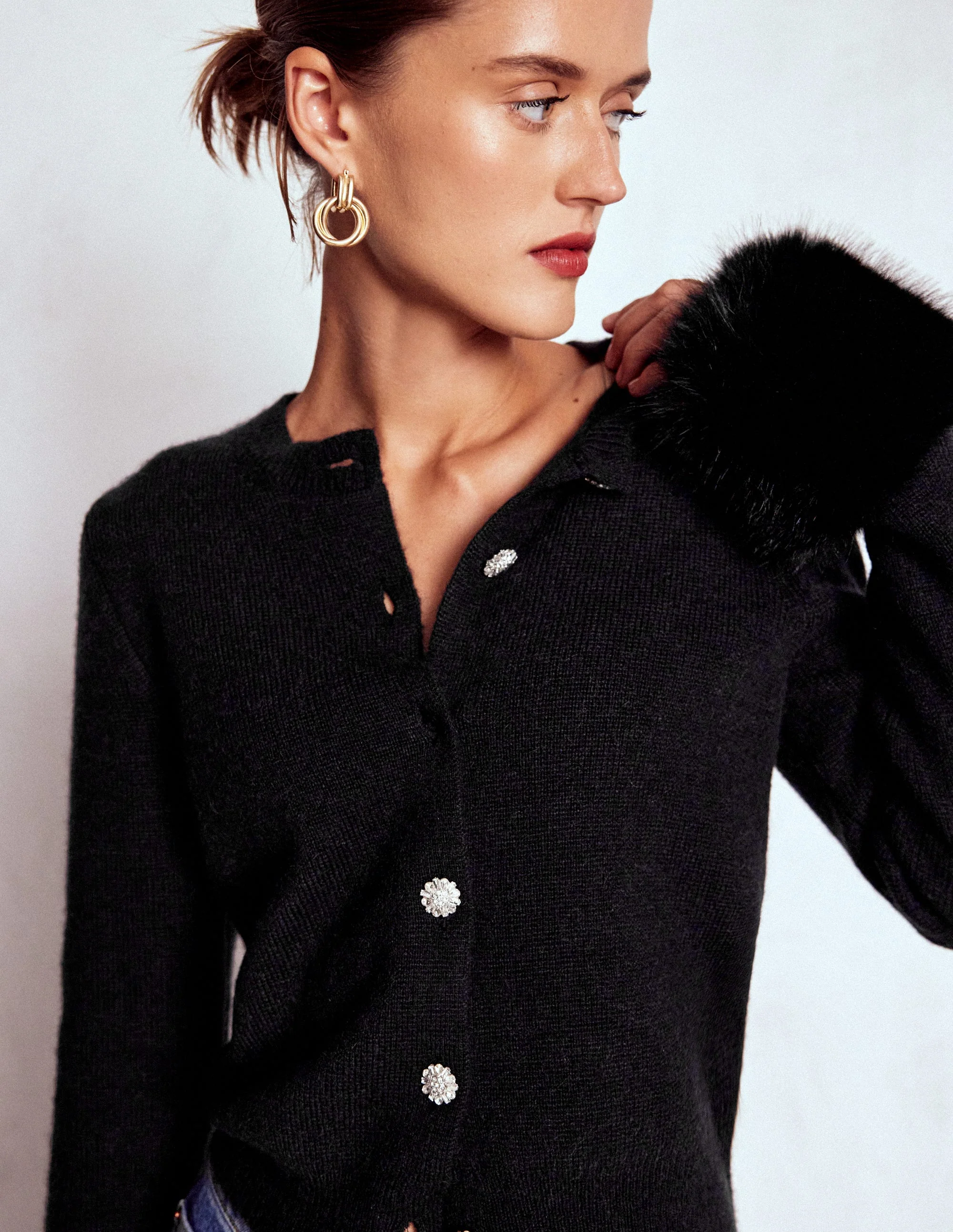 Fur Trim Cardigan-Black - Image 5