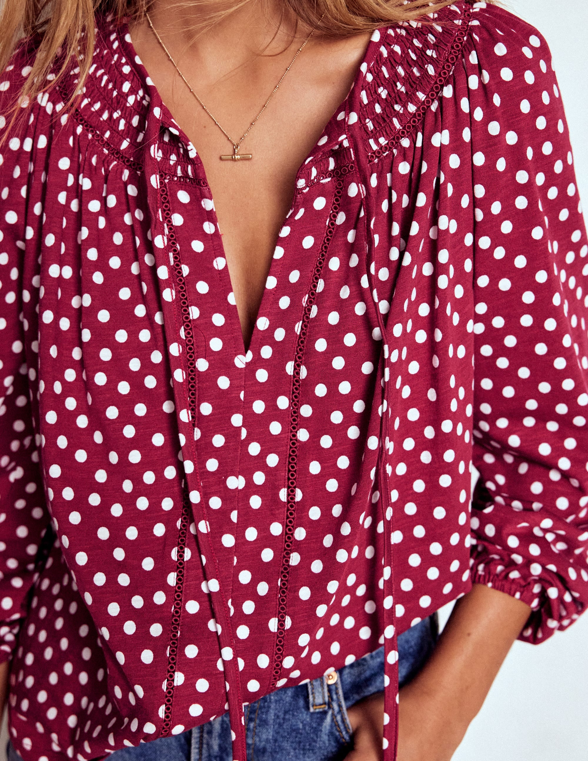 Georgia Smocked Jersey Top-Chestnut, Ivory Painted Dot - Image 2