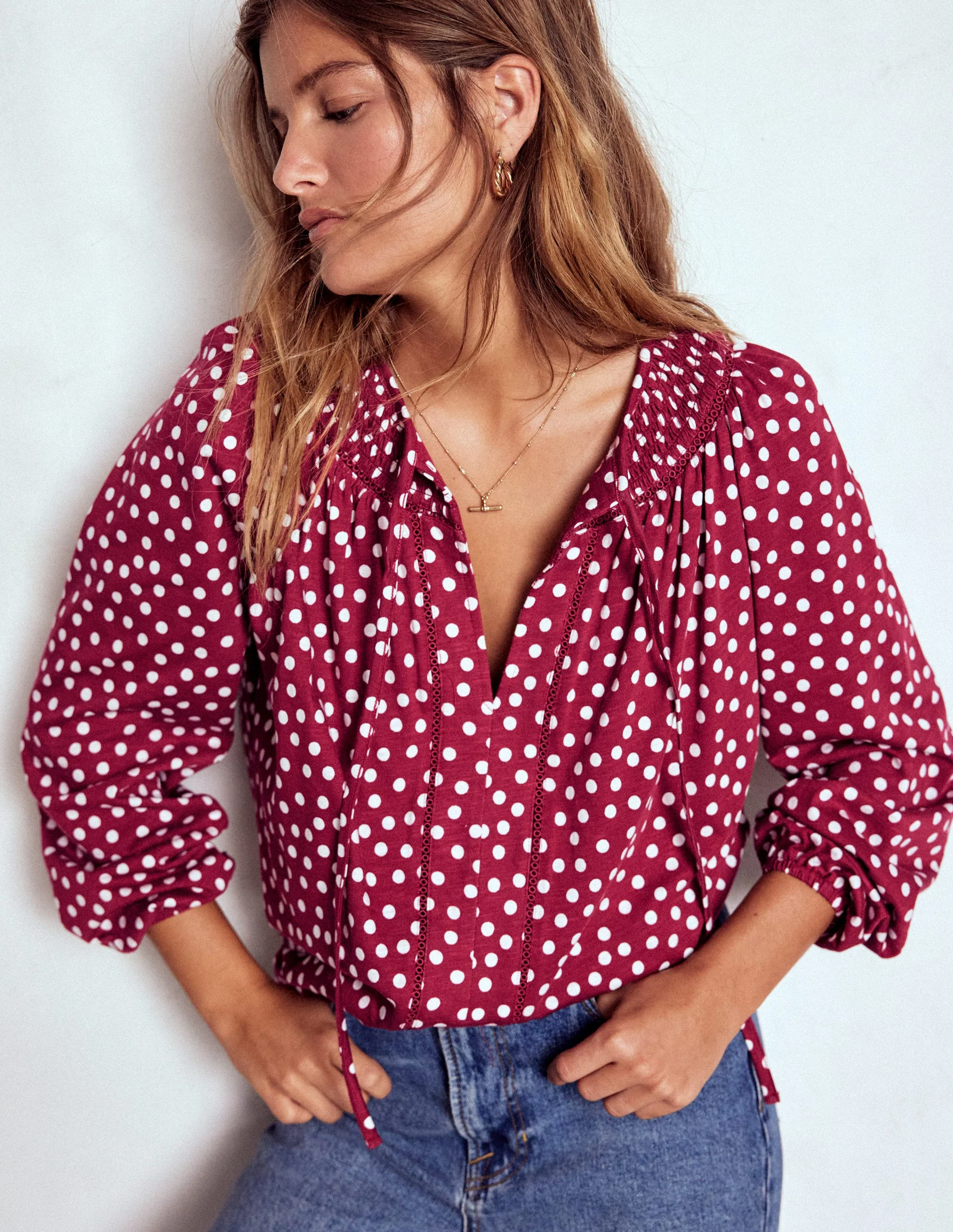 Georgia Smocked Jersey Top-Chestnut, Ivory Painted Dot - Image 4