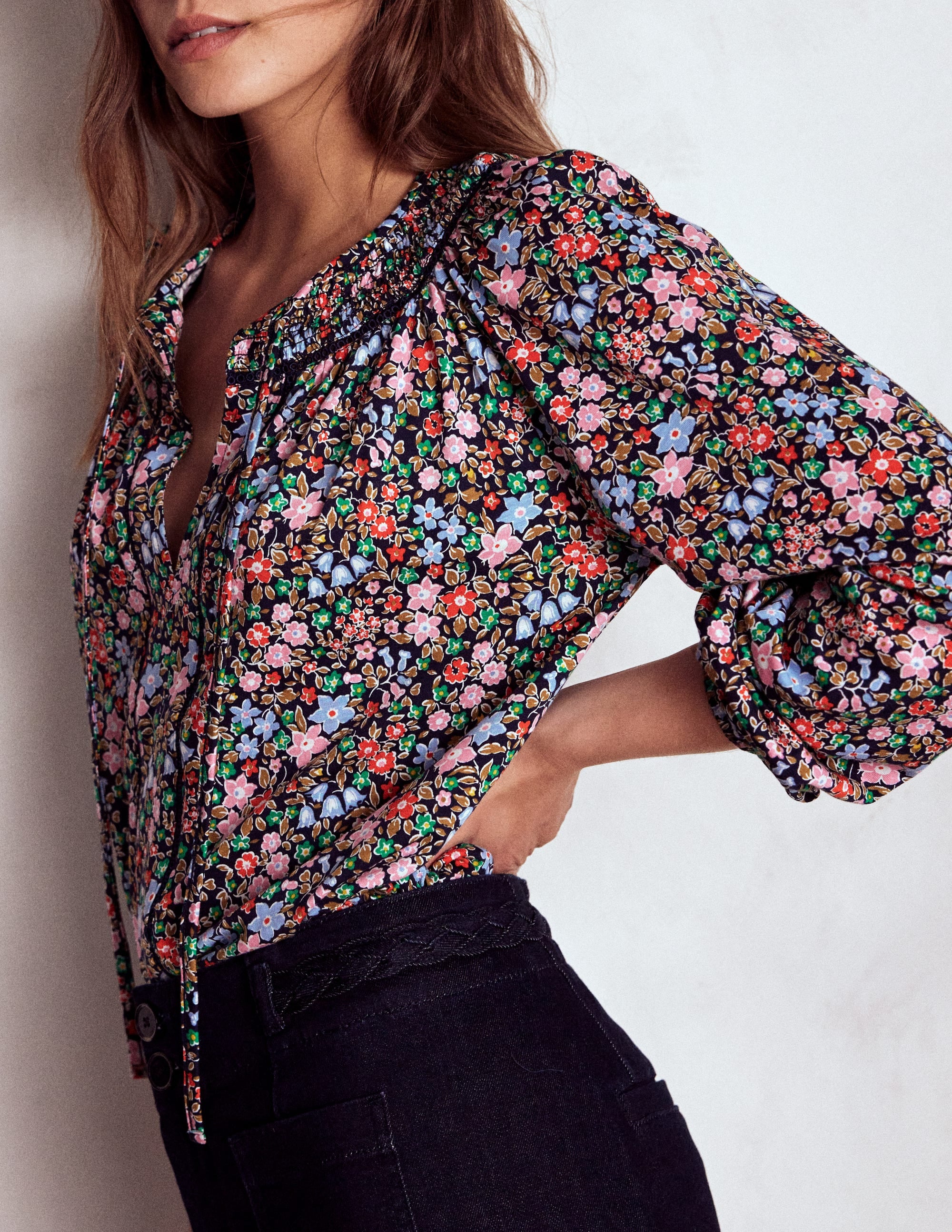 Georgia Smocked Jersey Top-Navy and Multi, Flowerbed - Image 2