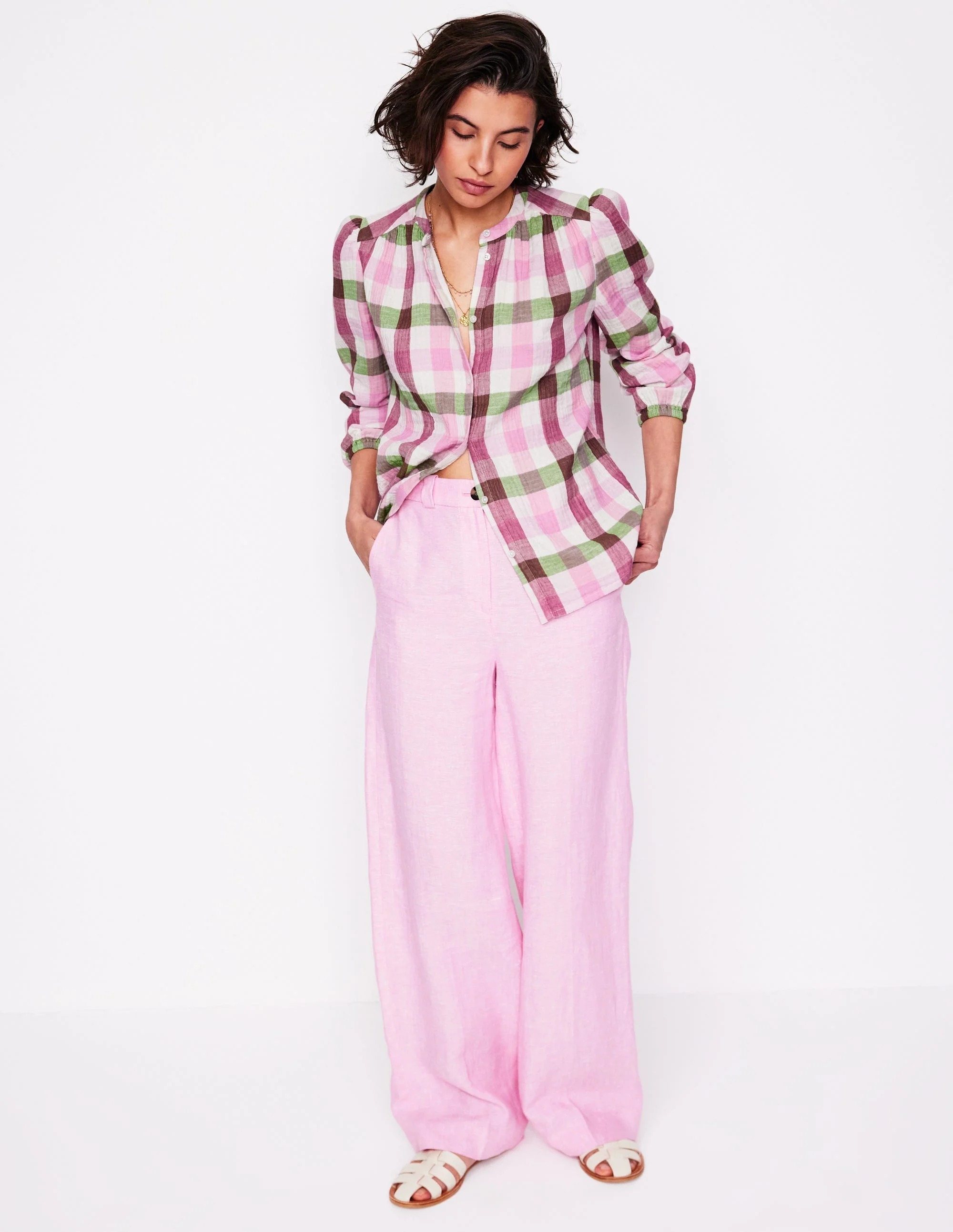 Gingham Double Cloth Top-Pink and Green Gingham - Image 4