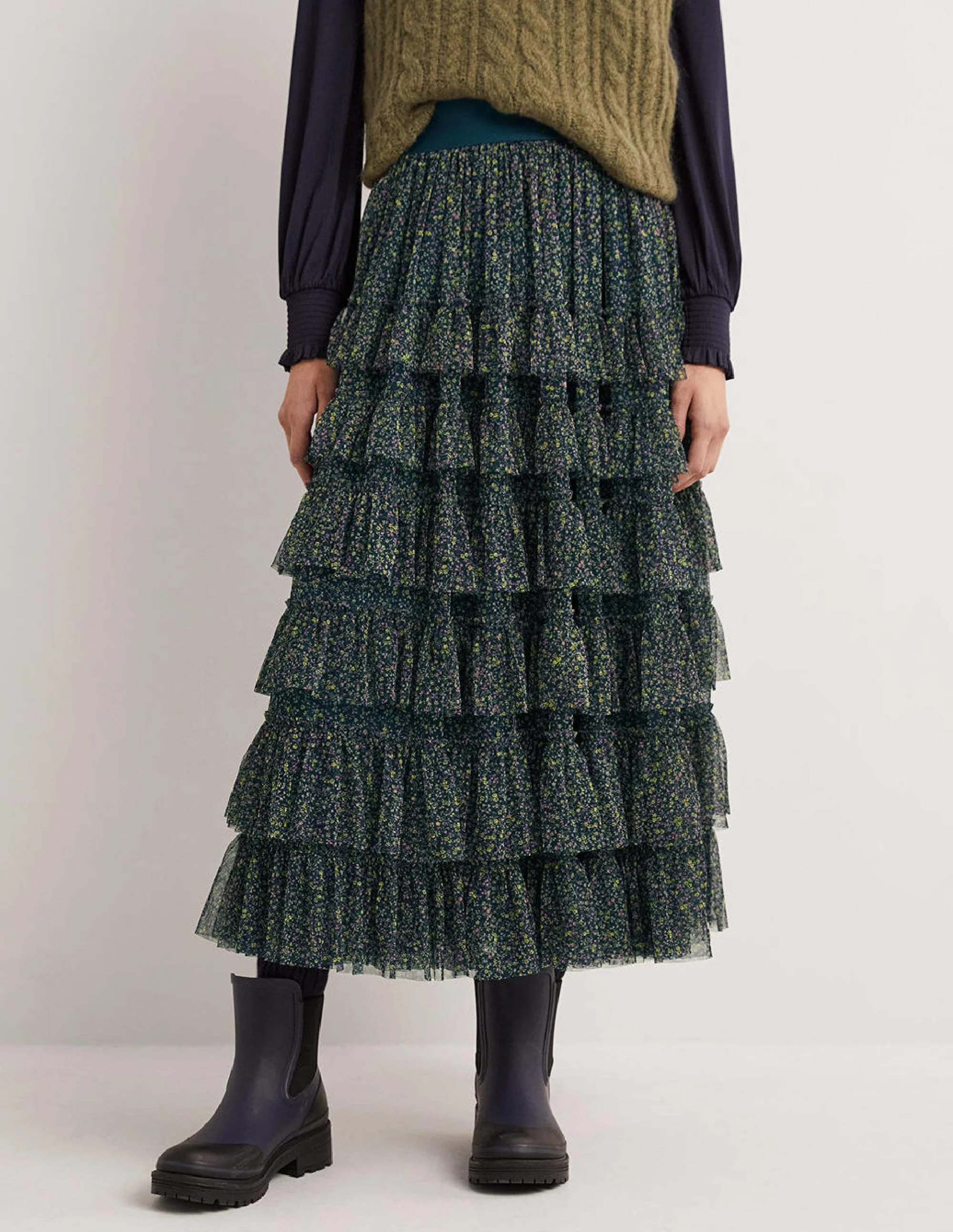 Green Ditsy Floral Tulle Midi Skirt-Seaweed, Wild Vine - Image 3