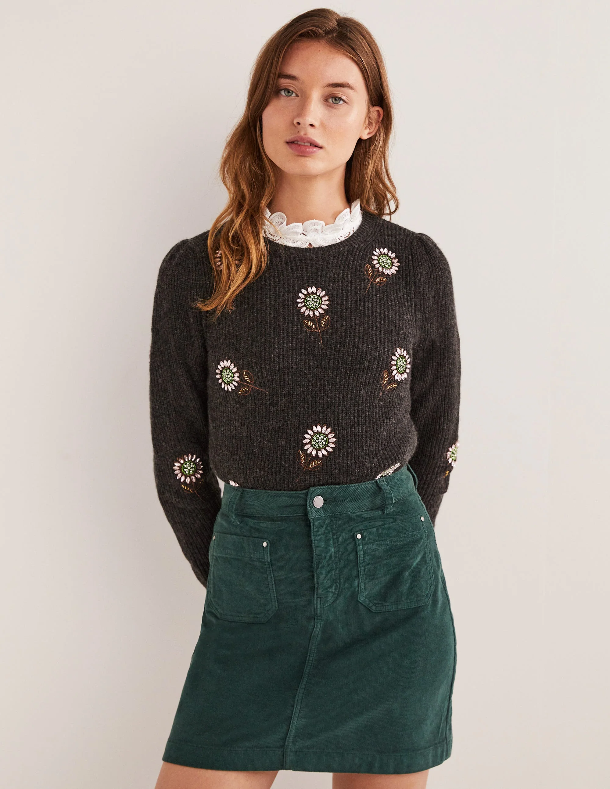 Grey Embellished Flower Ribbed Jumper-Charcoal, Embellished Flowers