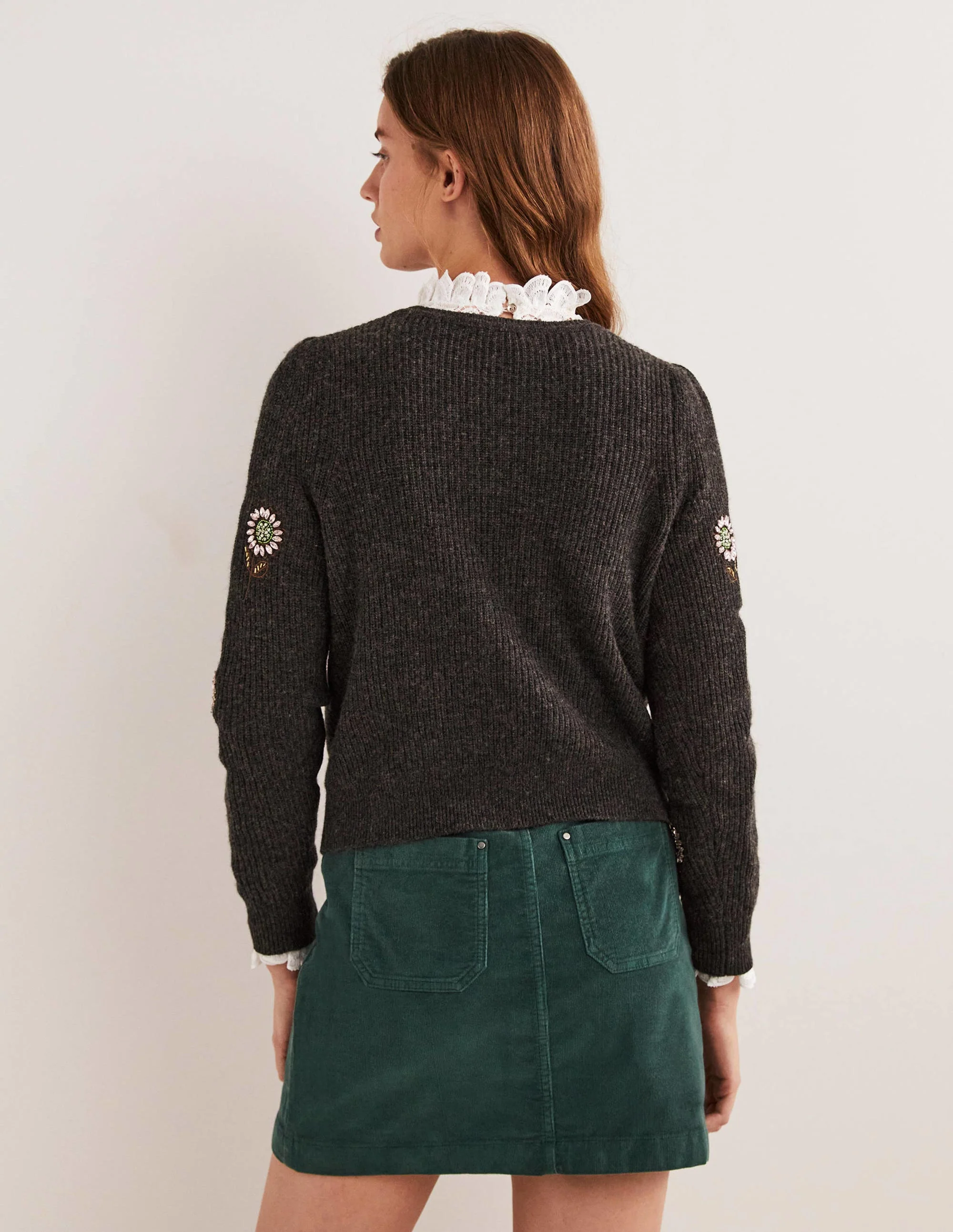 Grey Embellished Flower Ribbed Jumper-Charcoal, Embellished Flowers - Image 3