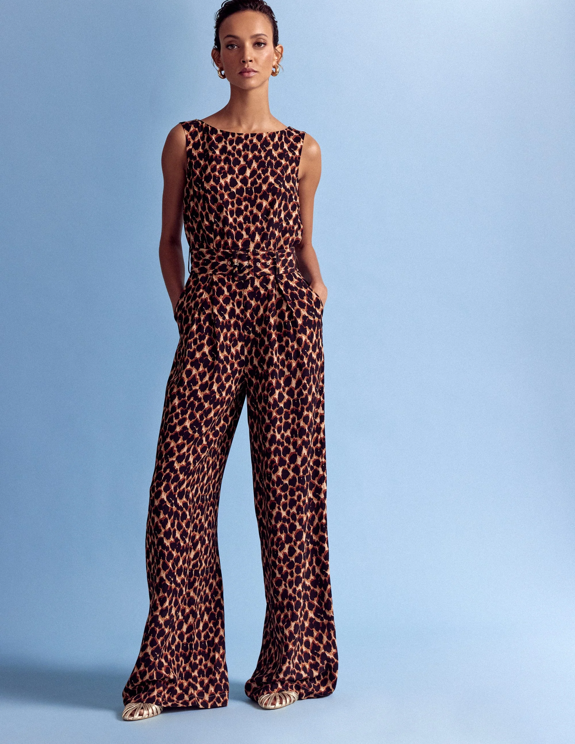 Gwen Slash Neck Jumpsuit-Sand, Abstract Leopard Spot - Image 5