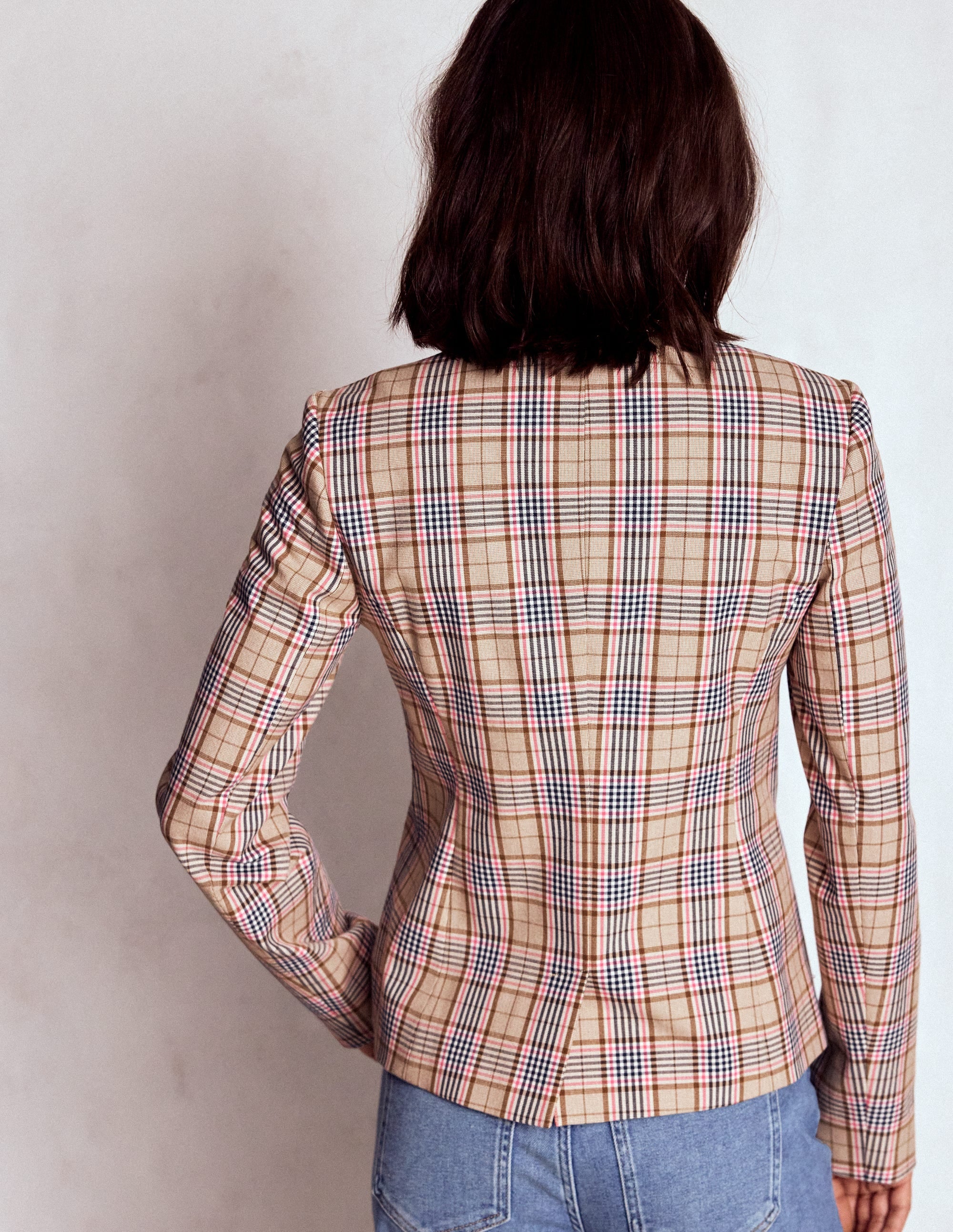 Hampstead Linen Blazer-Brown, Pink & Navy Check - Image 3