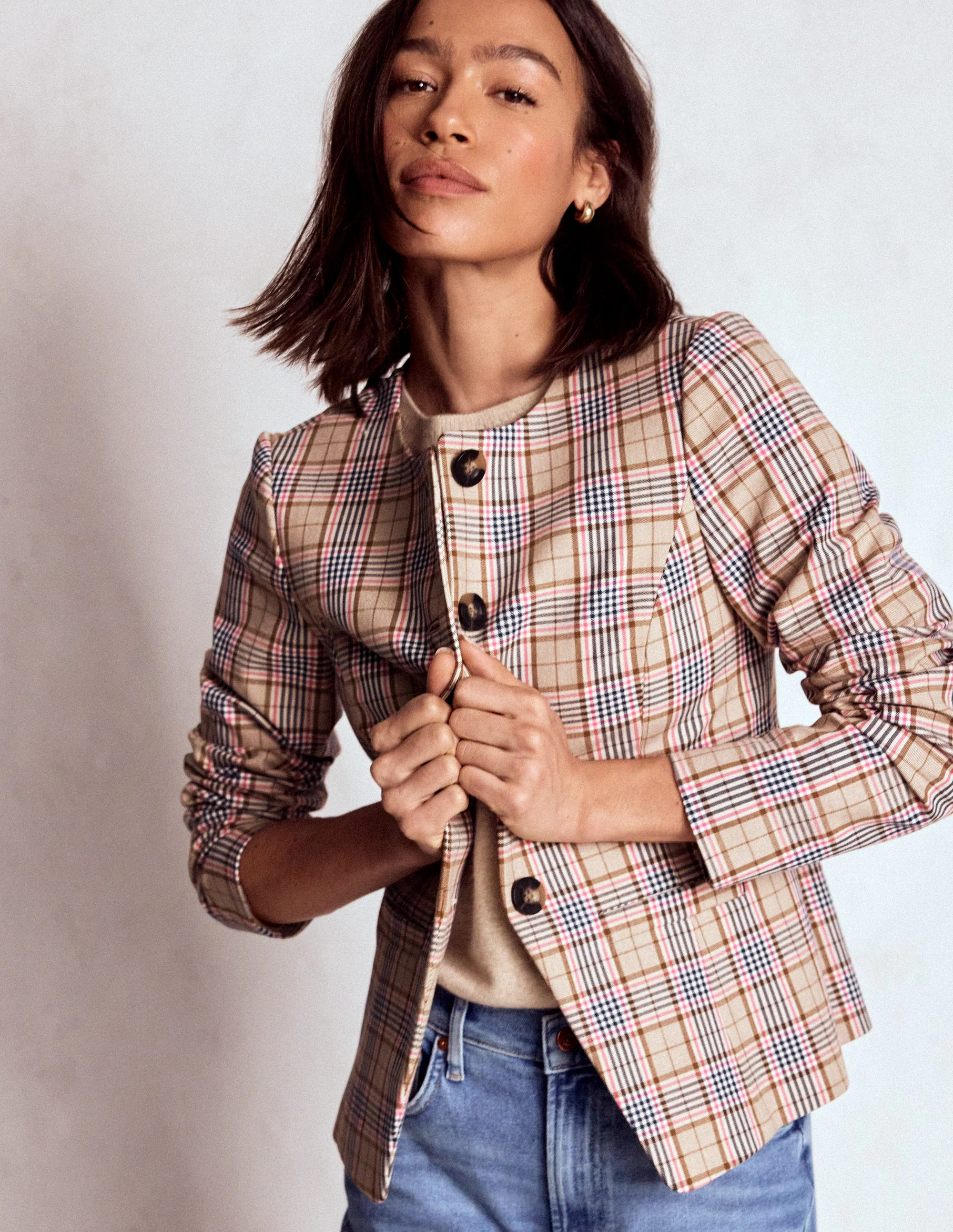 Hampstead Linen Blazer-Brown, Pink & Navy Check - Image 5