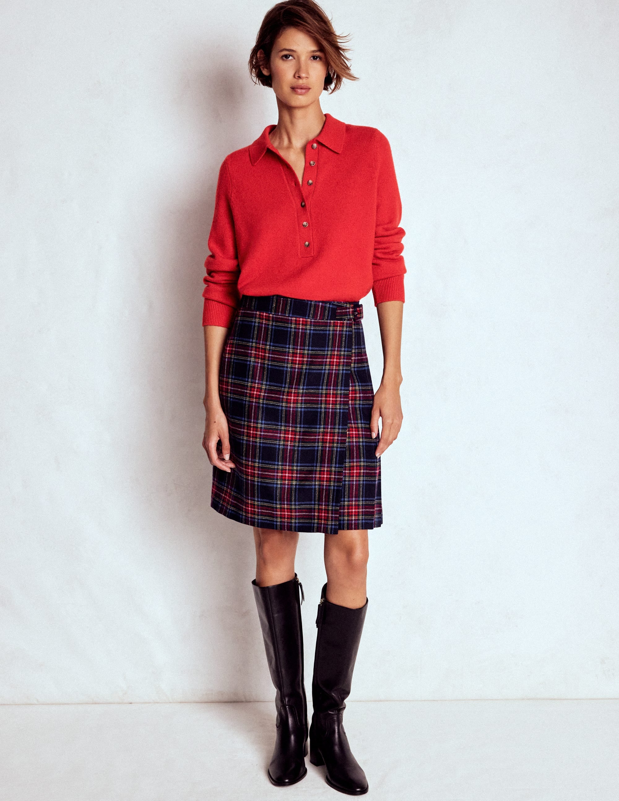 Helen Wool Kilt Skirt-Navy, Green and Red Check