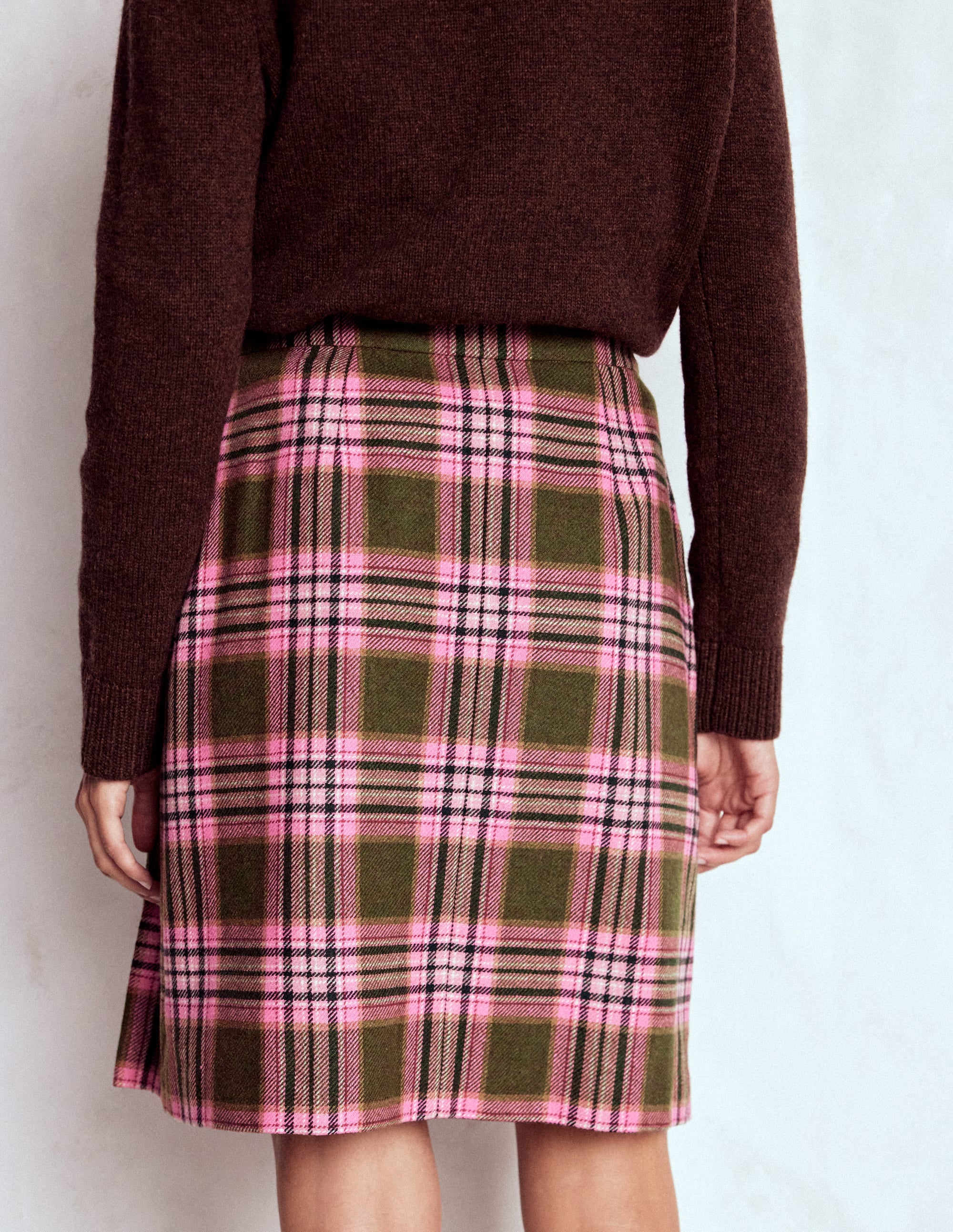 Helen Wool Kilt Skirt-Olive, Green and Pink Check - Image 3