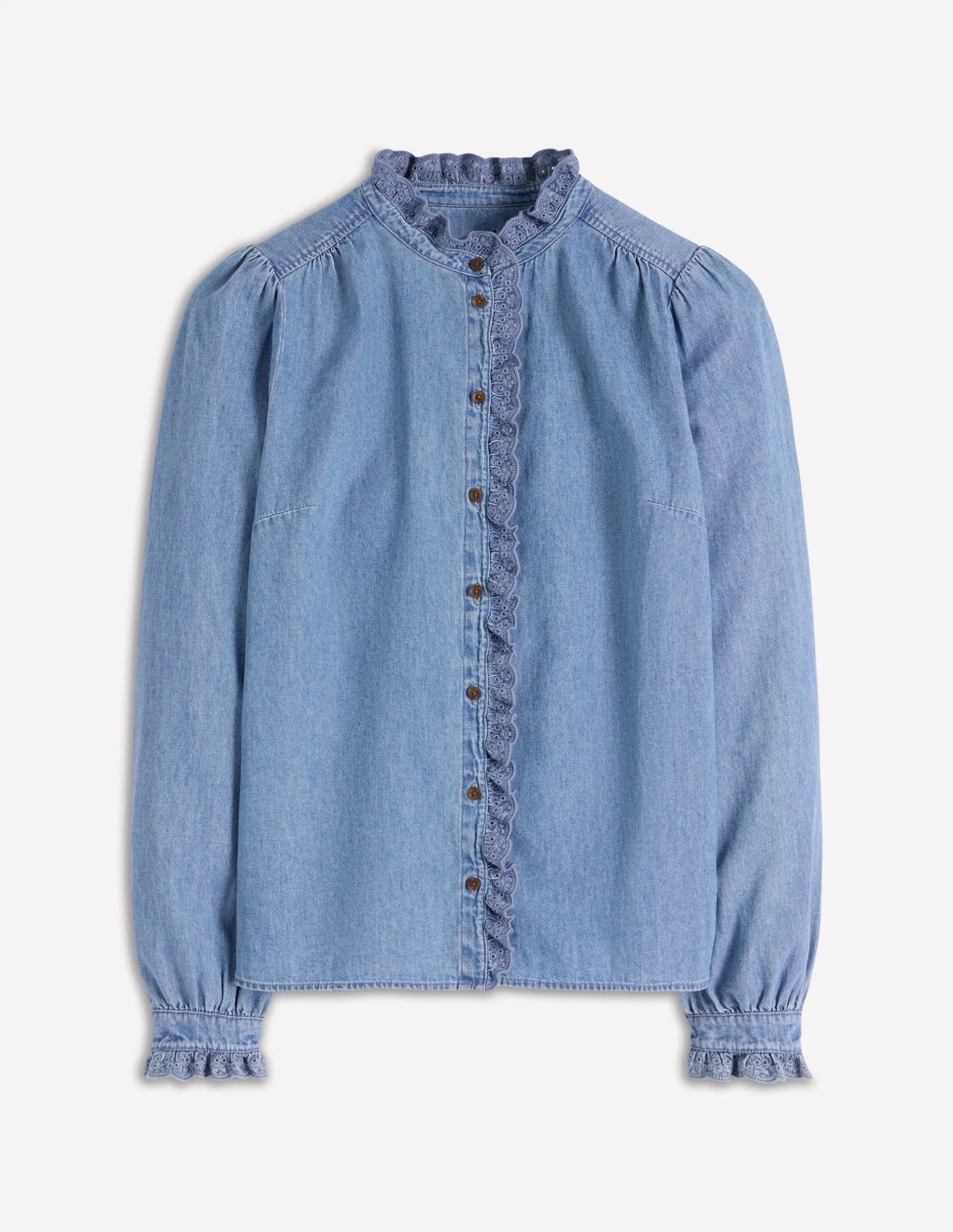 Helena Denim Ruffle Neck Top-Light Authentic - Image 4