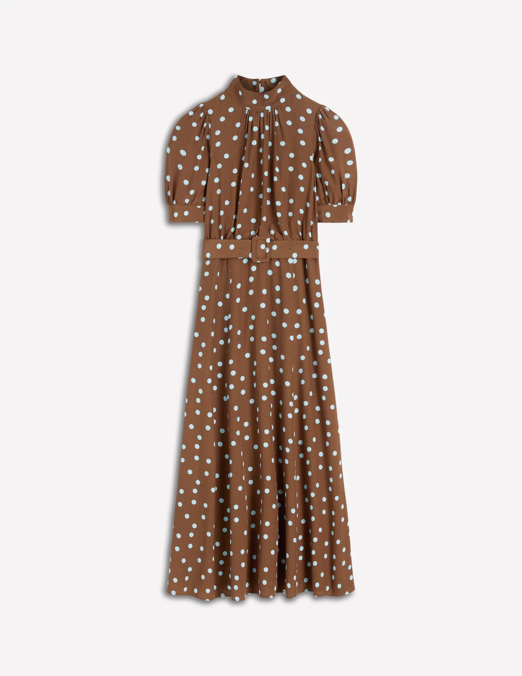 High Neck Belted Dress-Raw Umber, Painted Dot - Image 6