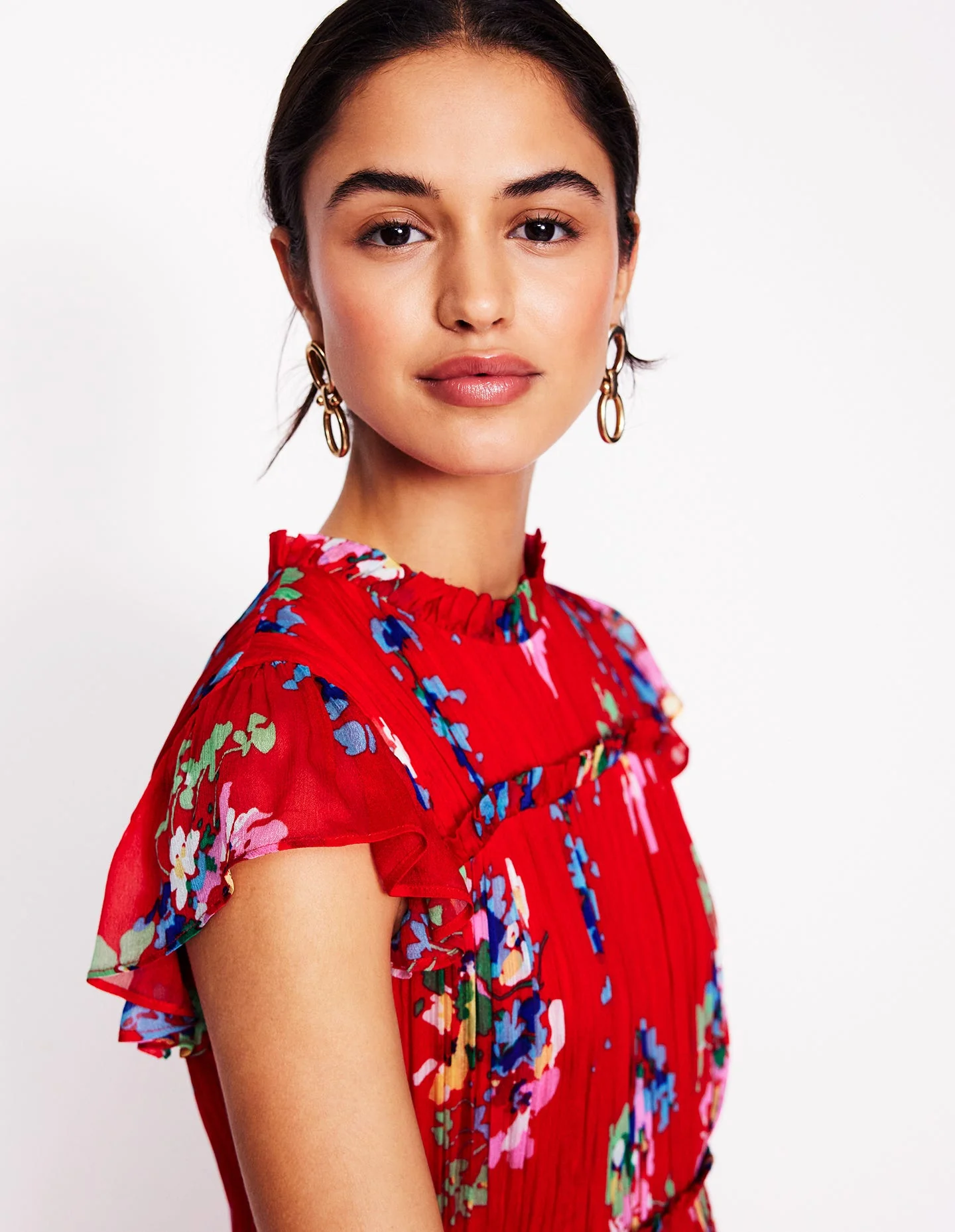 High Neck Sleeveless Dress-Rouge, Delicate Blooms - Image 2