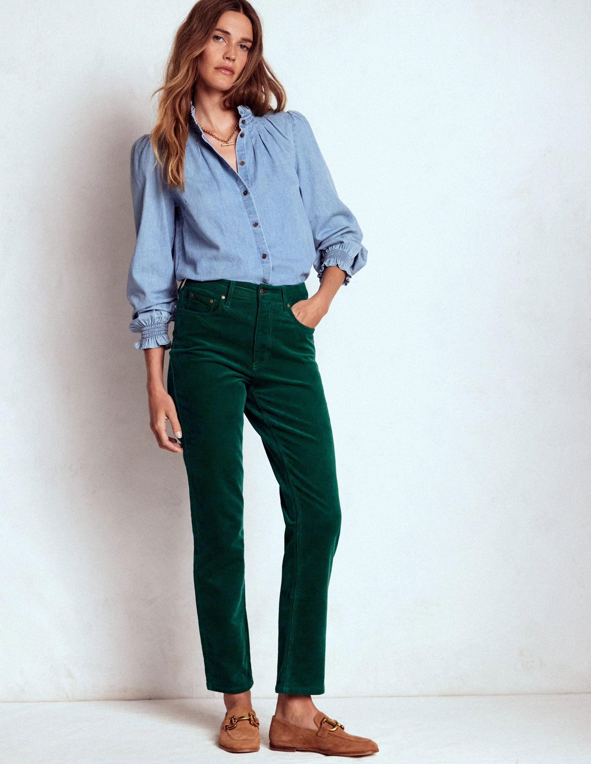 High Rise Cord Slim Jeans-Green