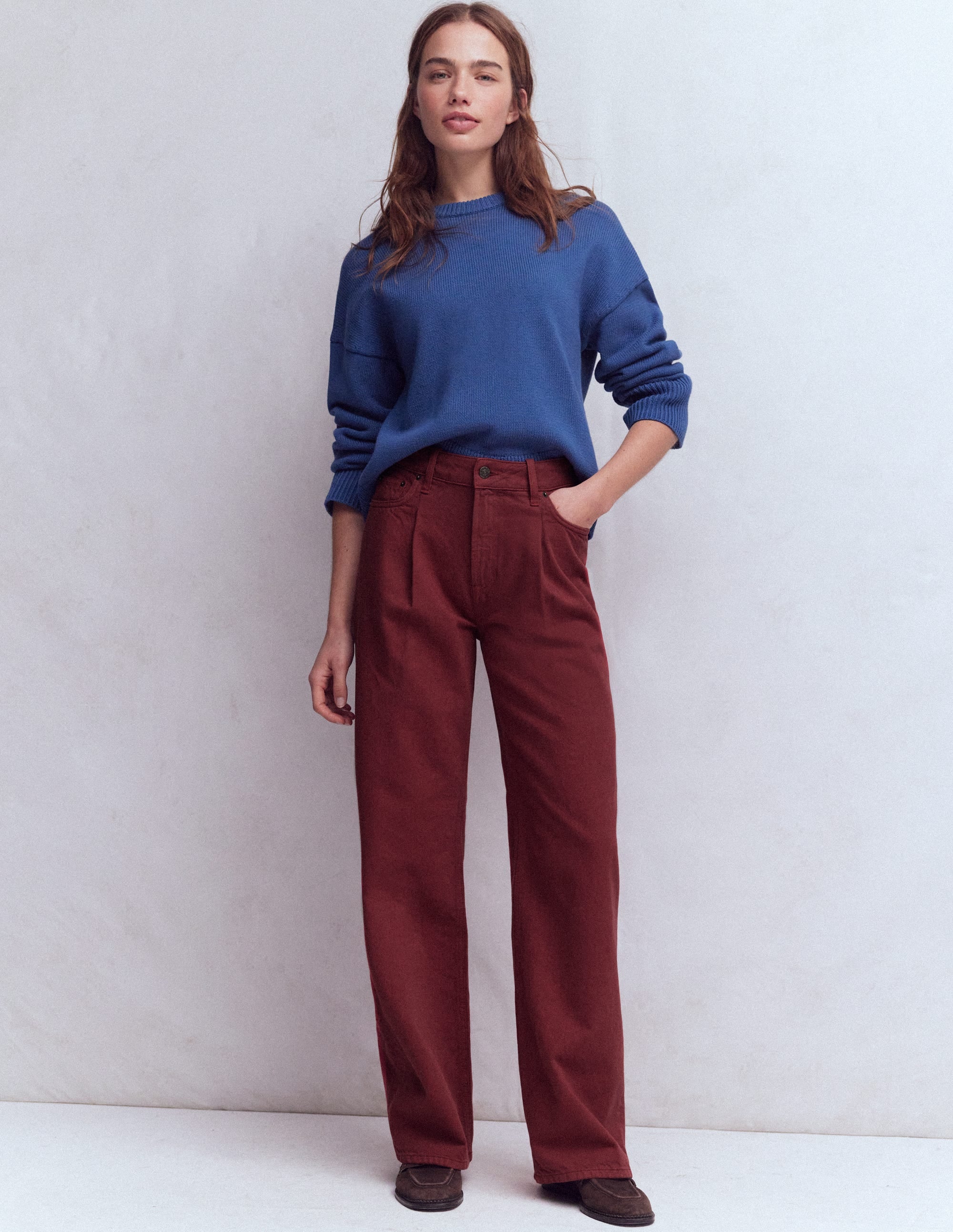 High Rise Pleat Wide Leg Jeans-Burnt Orange