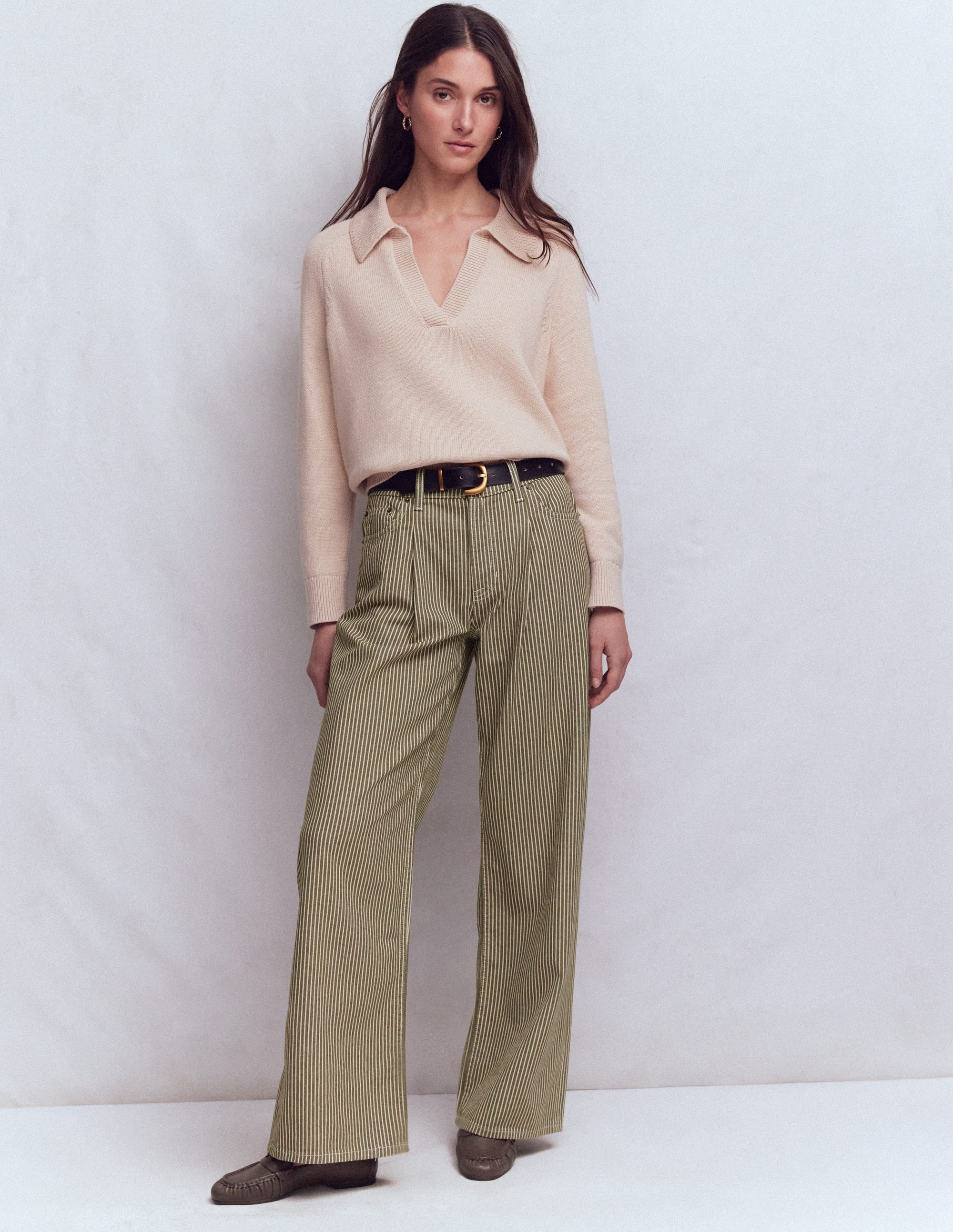 High Rise Pleat Wide Leg Jeans-Olive Ecru Stripe