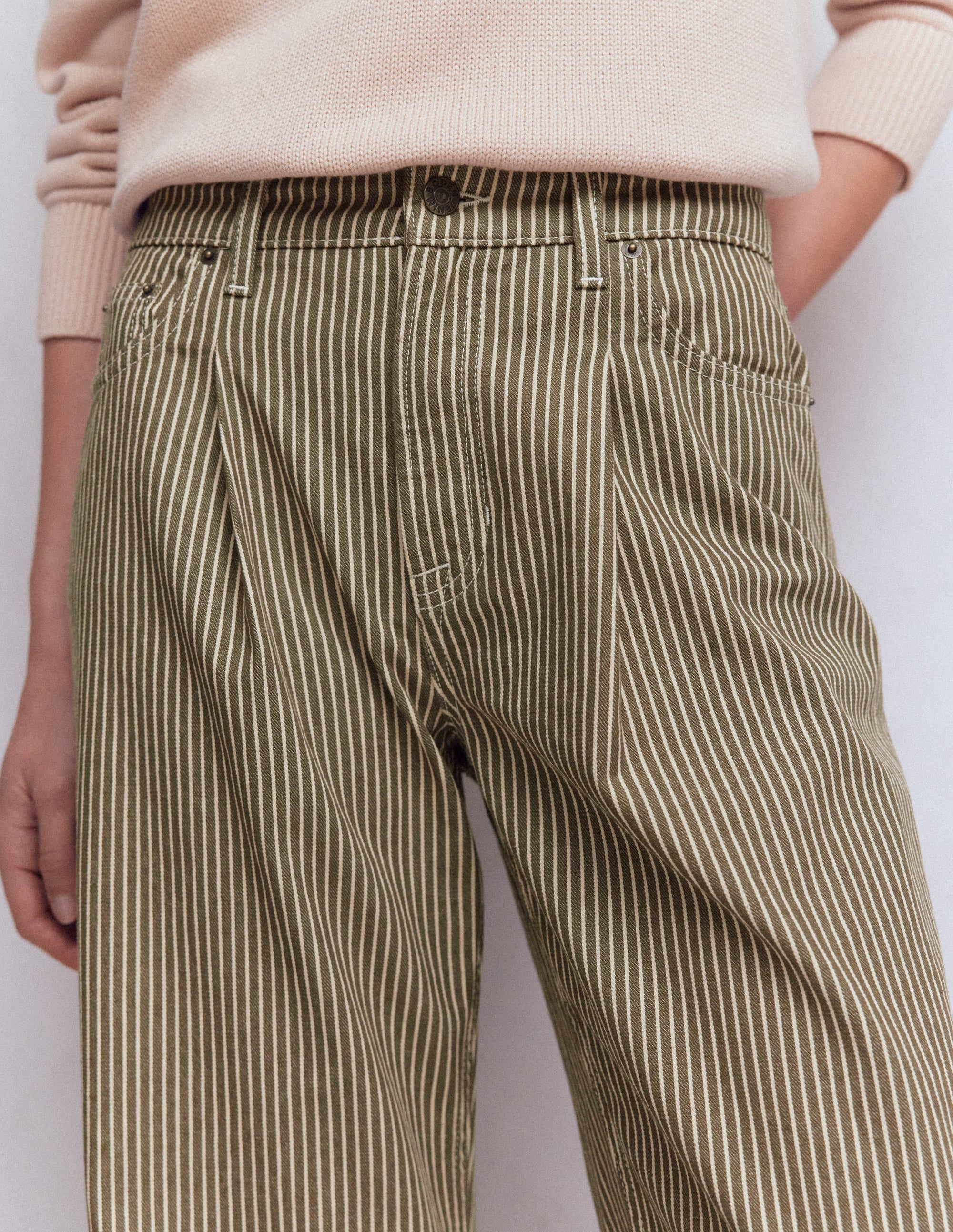 High Rise Pleat Wide Leg Jeans-Olive Ecru Stripe - Image 2