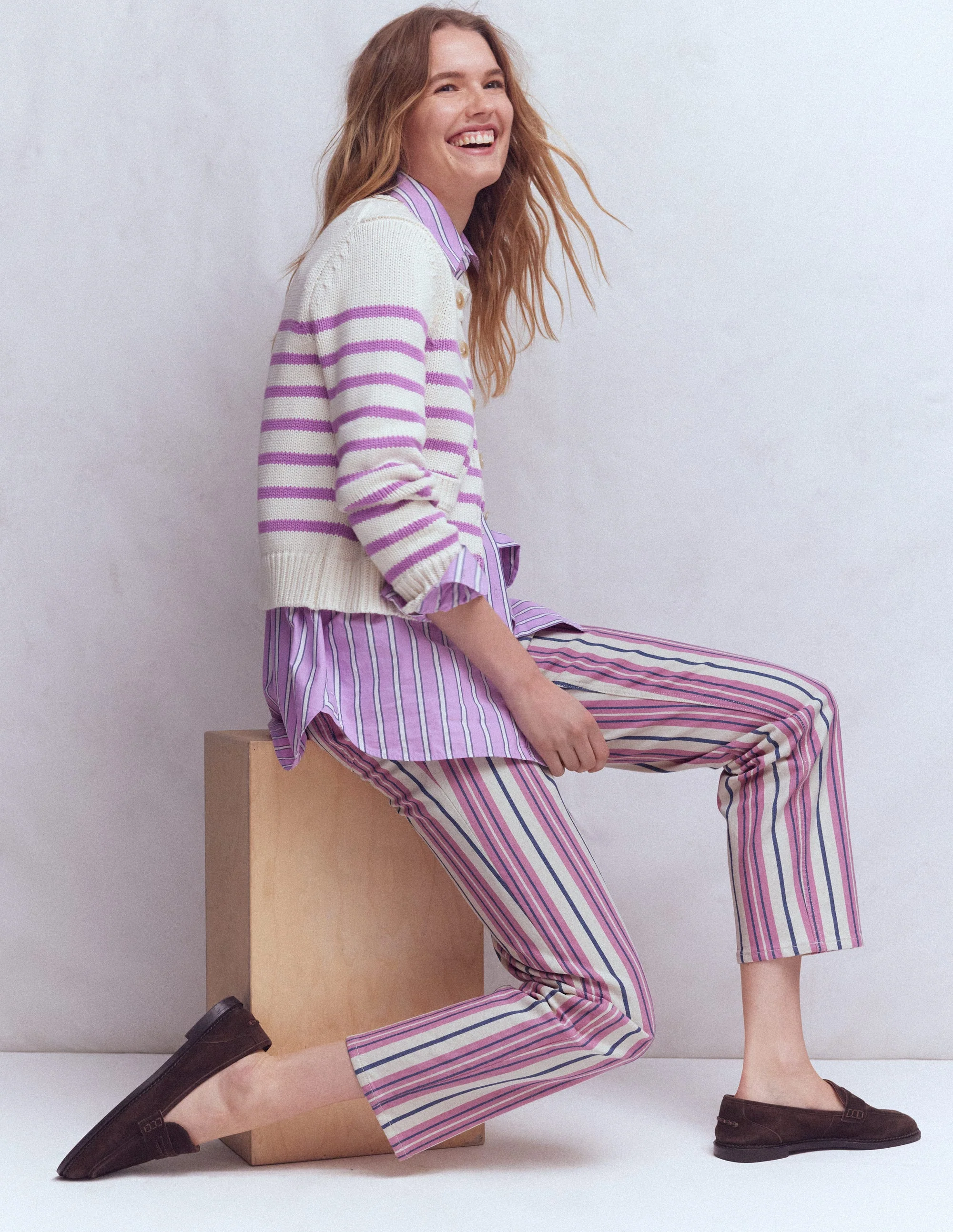 High Rise Straight Jeans-Pink, Blue & Ivory Stripe