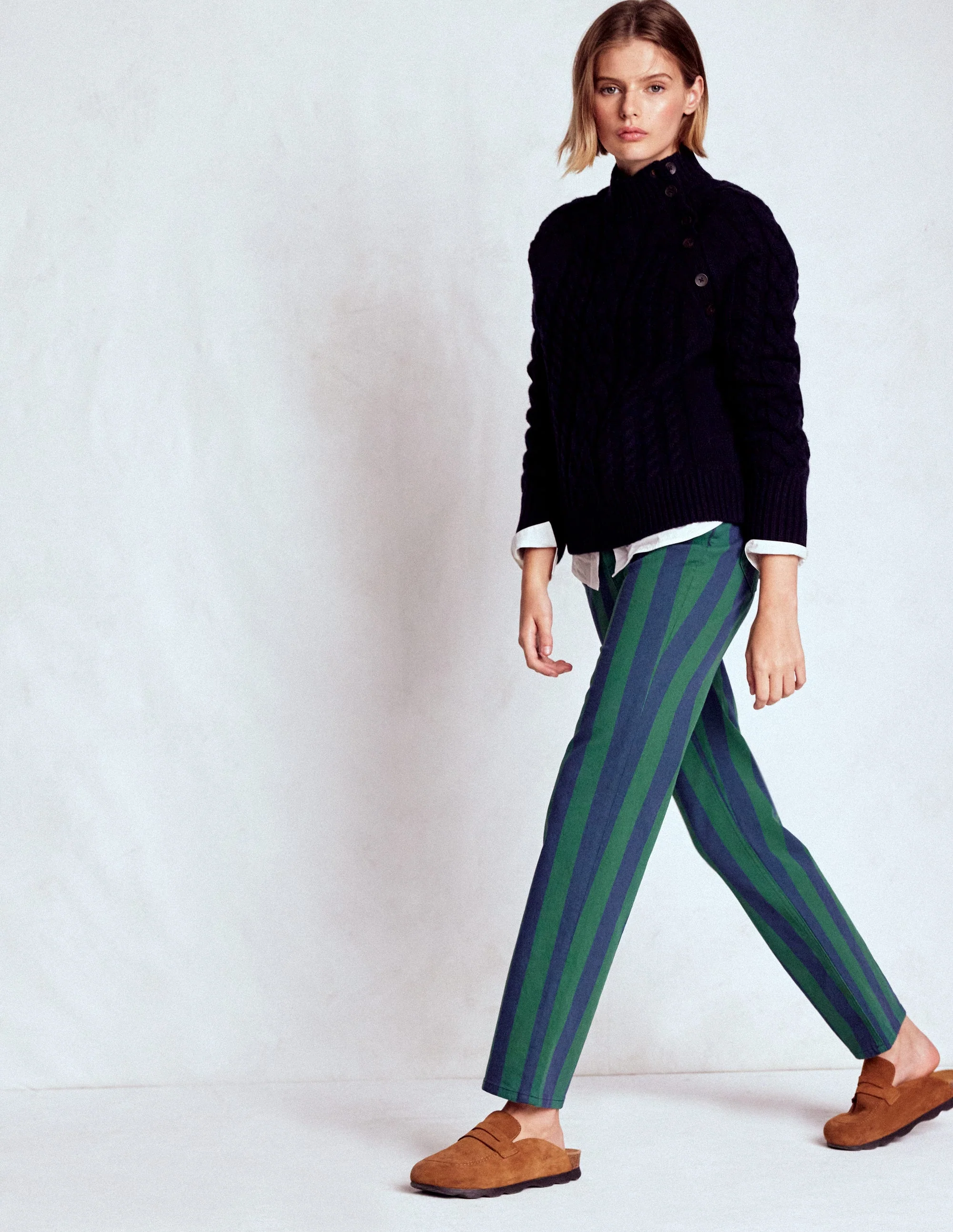 High Rise Stripe Jeans-Green and Navy Stripe