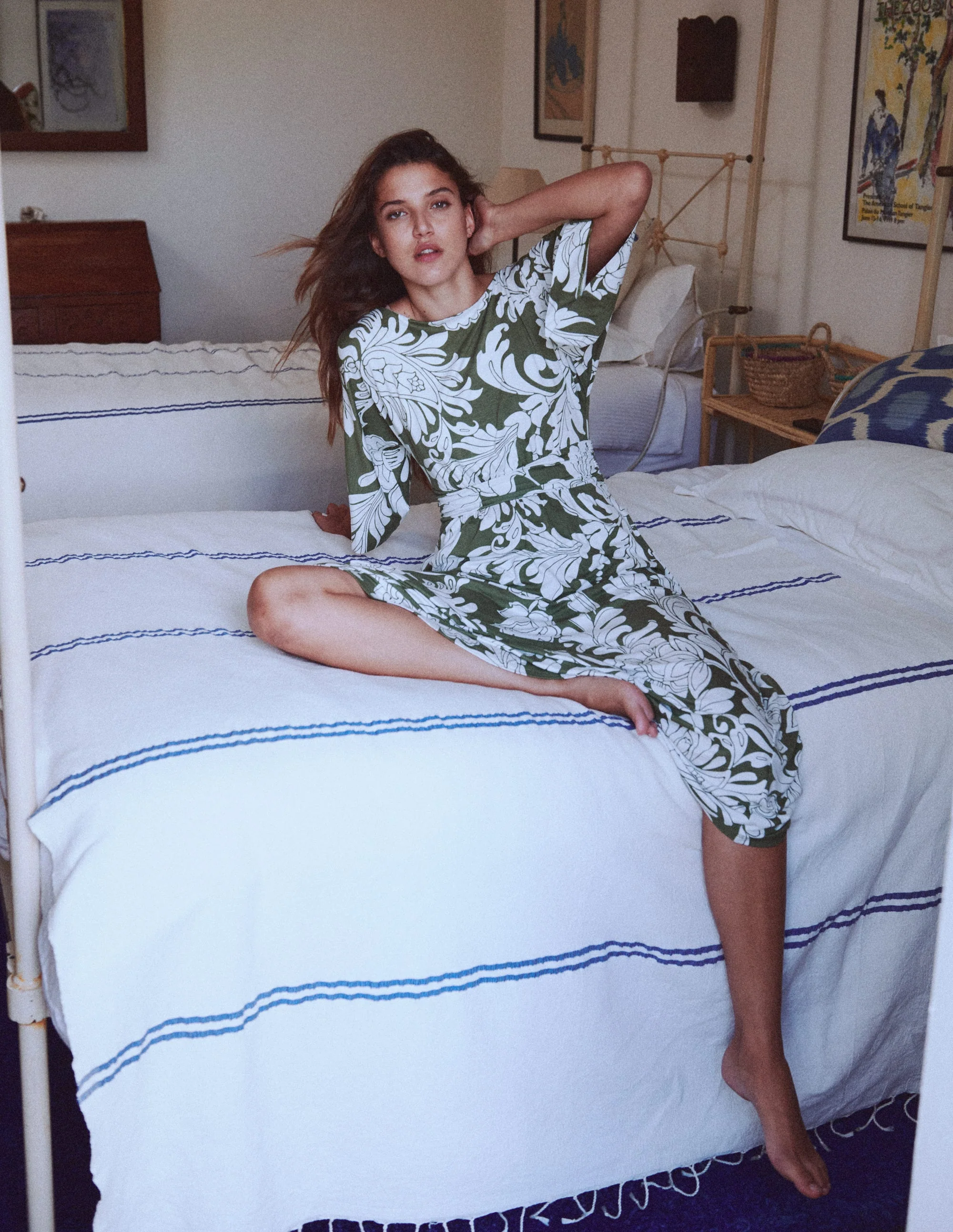 Imelda Kimono Jersey Dress-Olive, Botanical Flourish Mono - Image 6