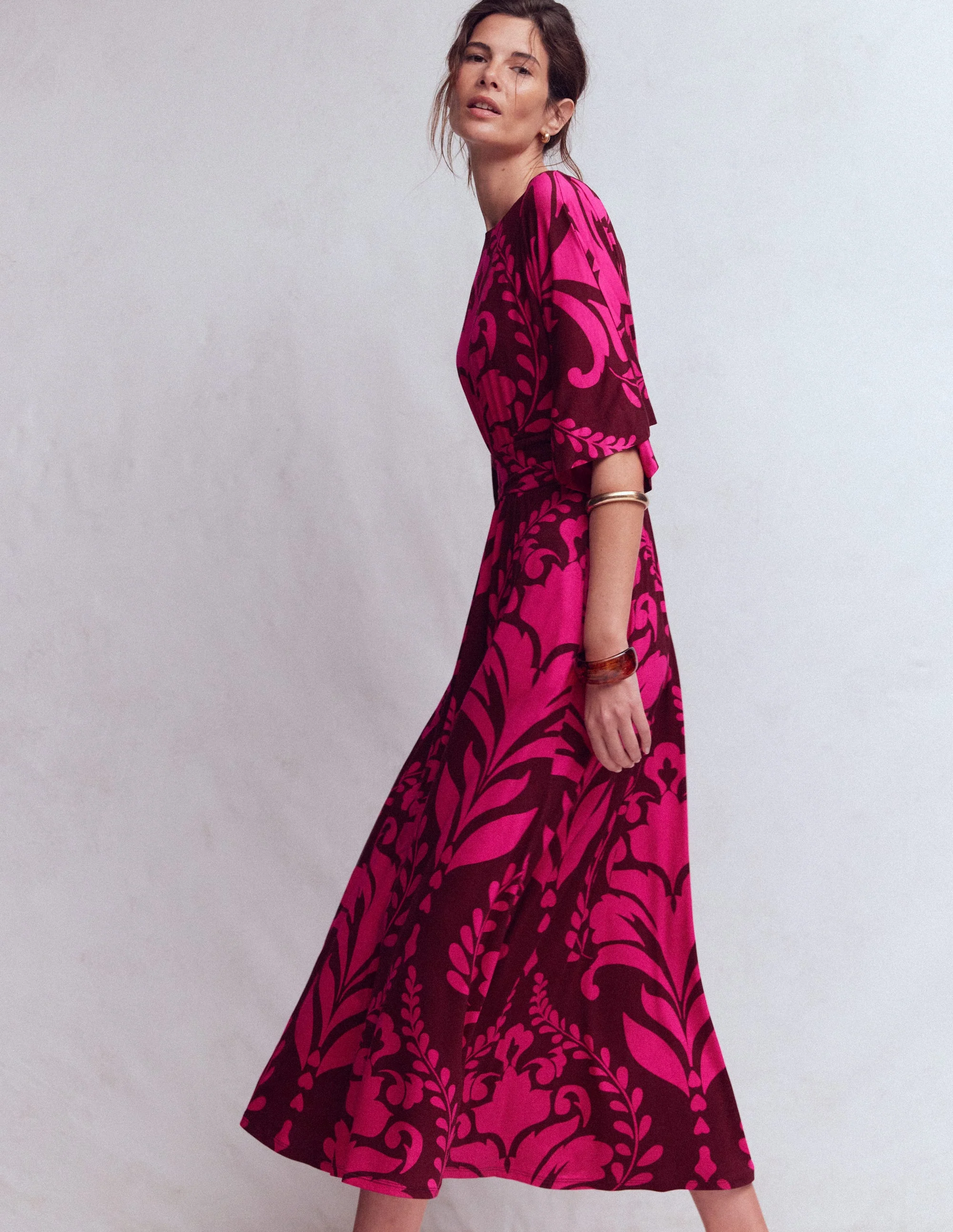 Imelda Kimono Jersey Dress-Pink Peony, Decorative Lattice - Image 3