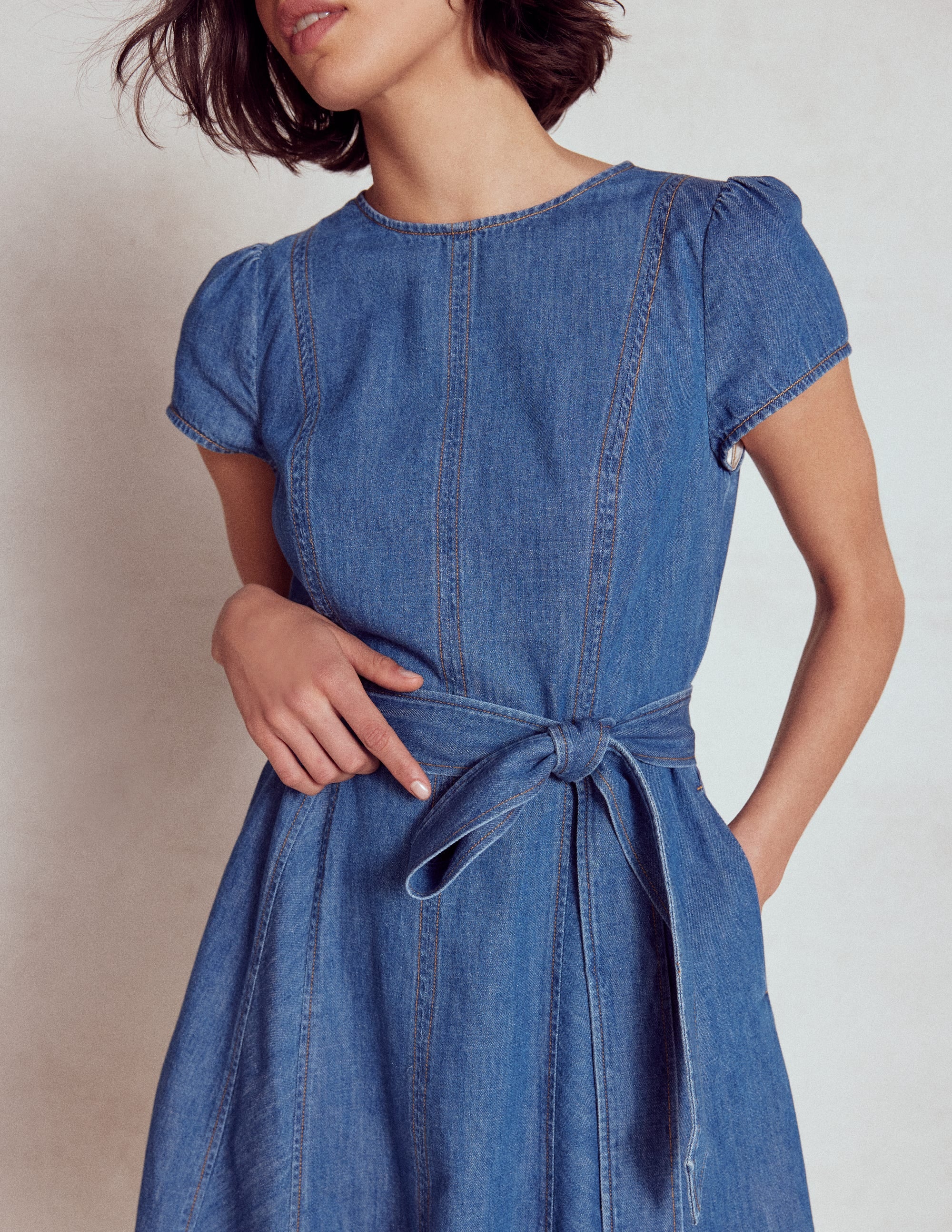 Imo Denim Godet Short Dress-Mid Vintage Denim - Image 3