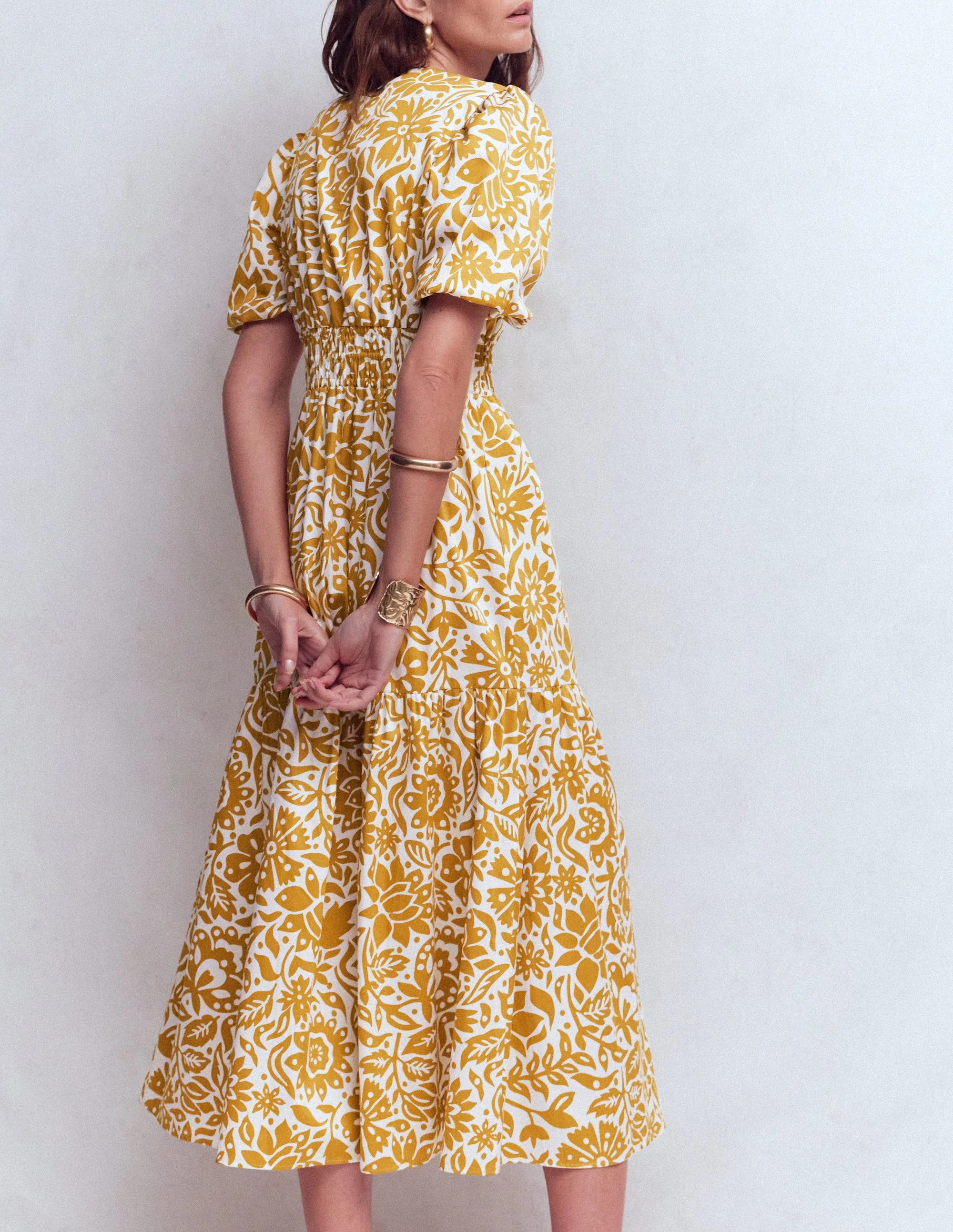 Irene Puff Sleeve Cotton Dress-Gold Wheat, Meadow Scatter - Image 4