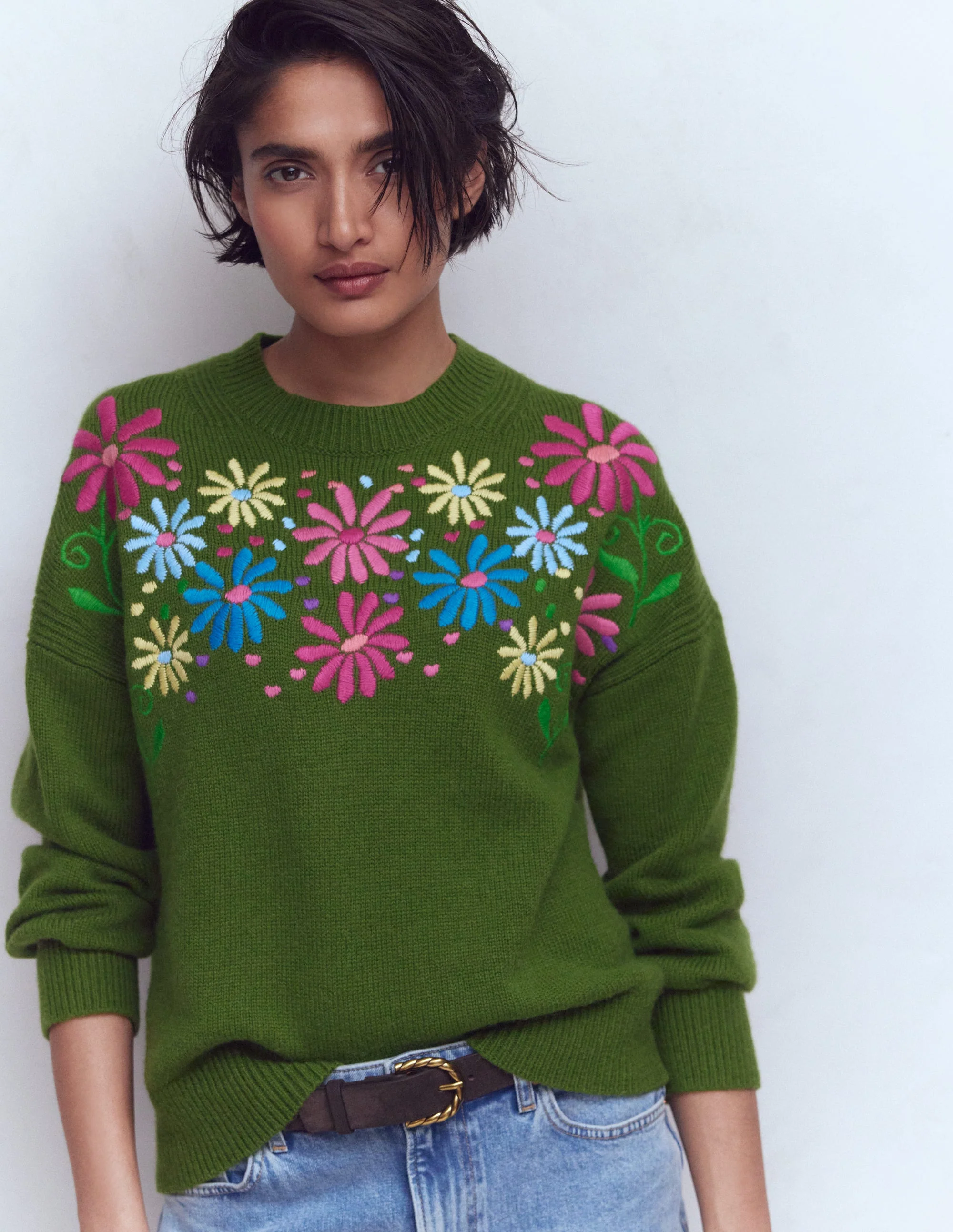 Isa Embroidered Jumper-Herb Garden, Green Flowers - Image 5