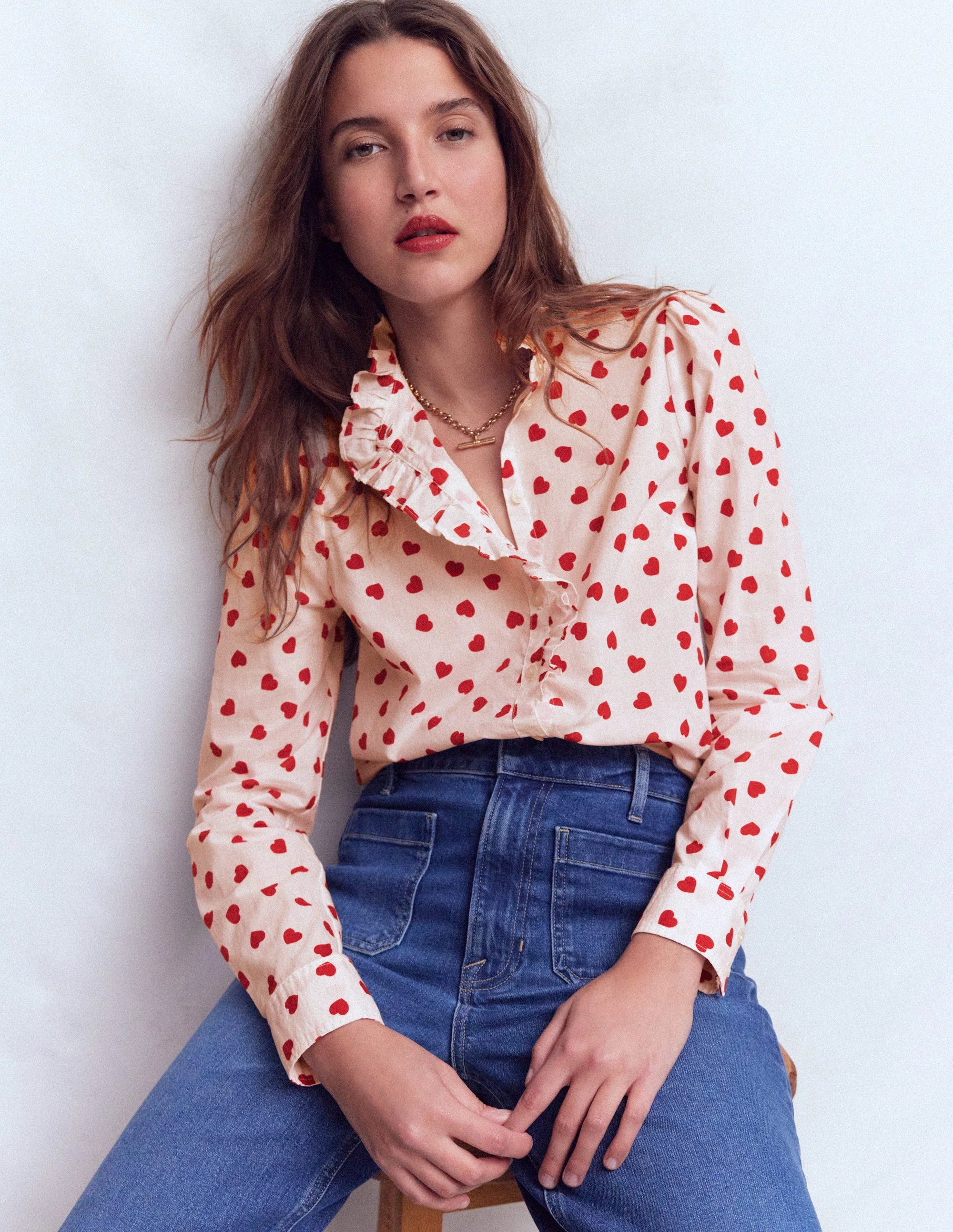Isabel Ruffle Cotton Shirt-Ivory, Heart Confetti