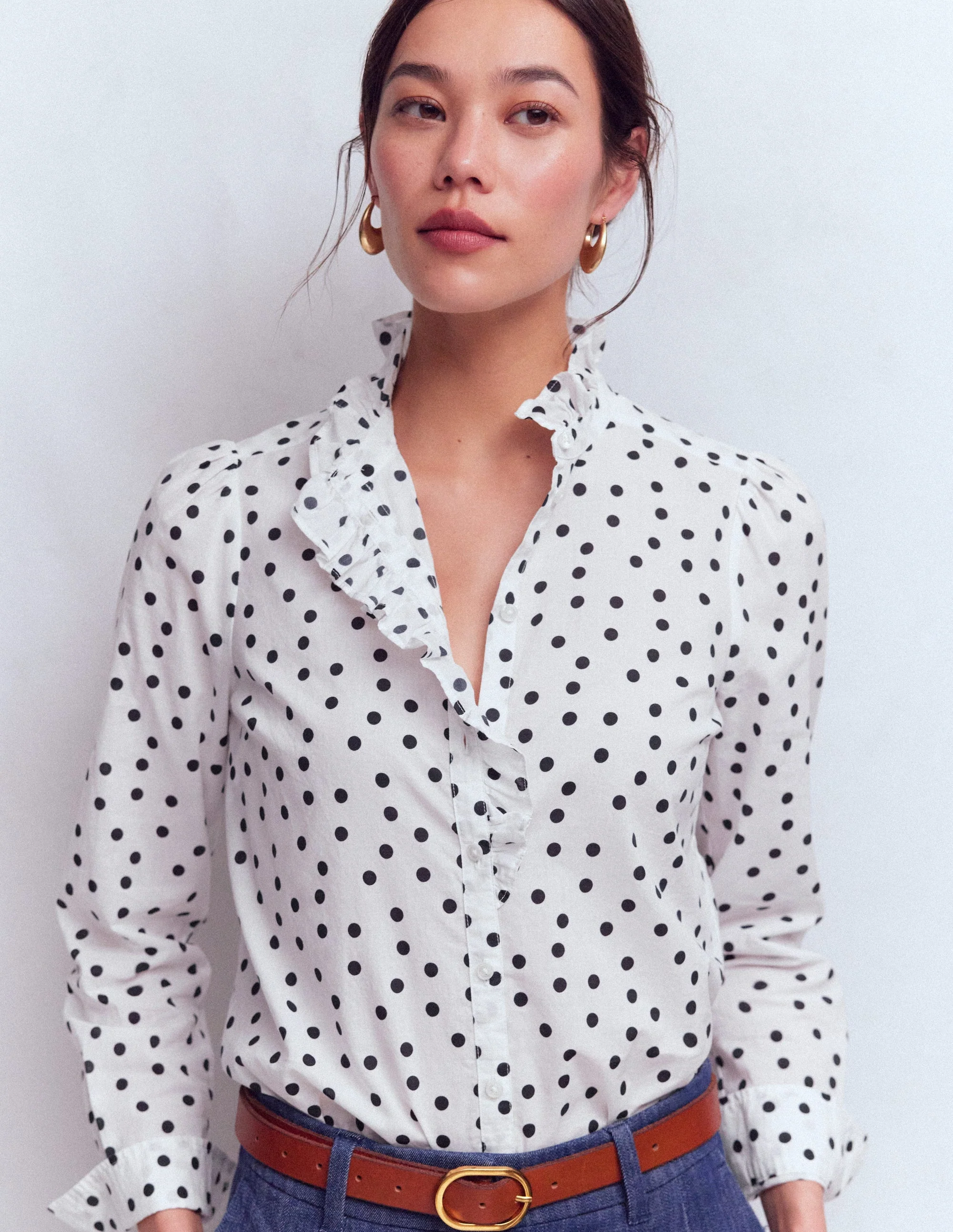 Isabel Ruffle Cotton Shirt-Navy and Ivory, Painted Dot - Image 4