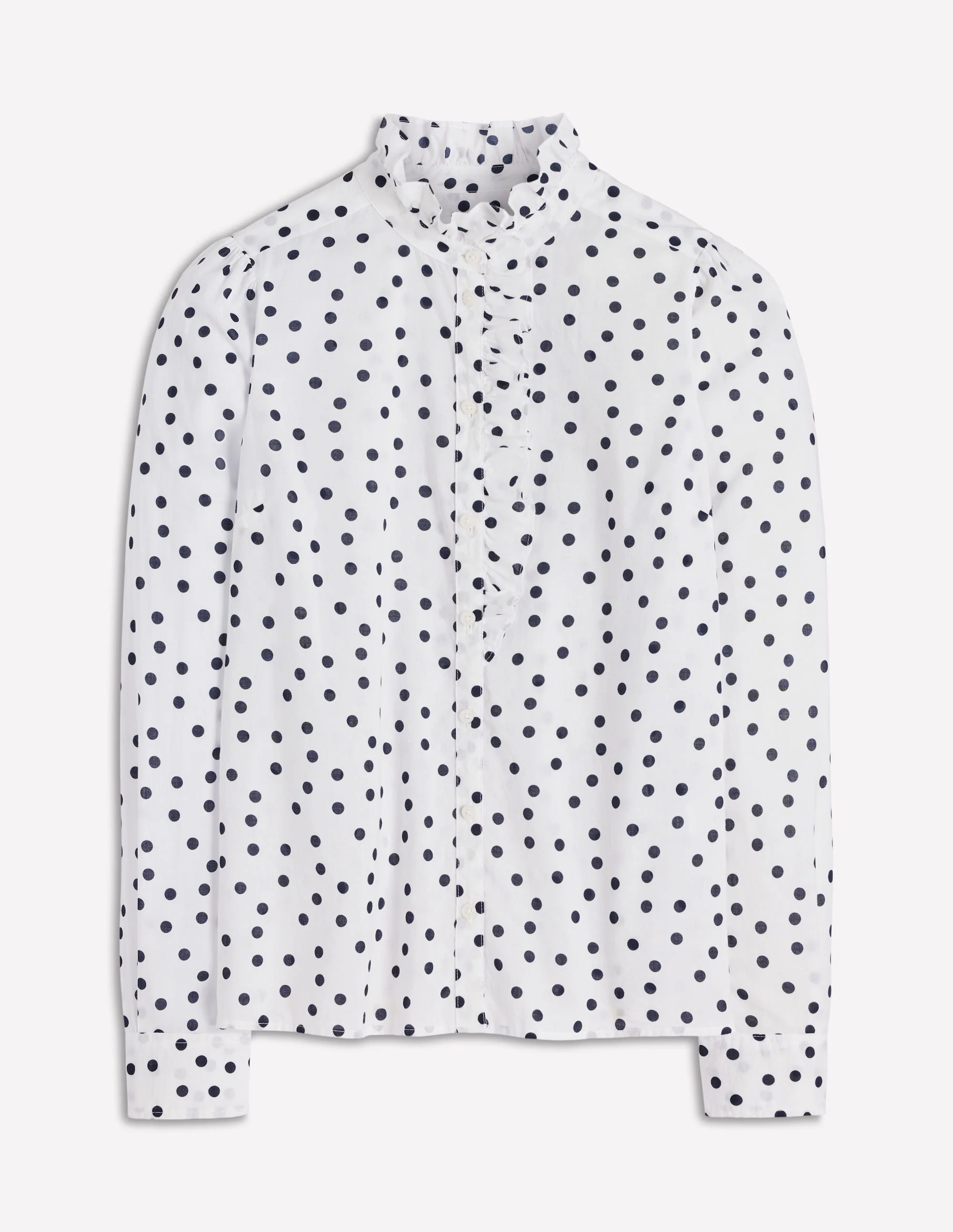 Isabel Ruffle Cotton Shirt-Navy and Ivory, Painted Dot - Image 5