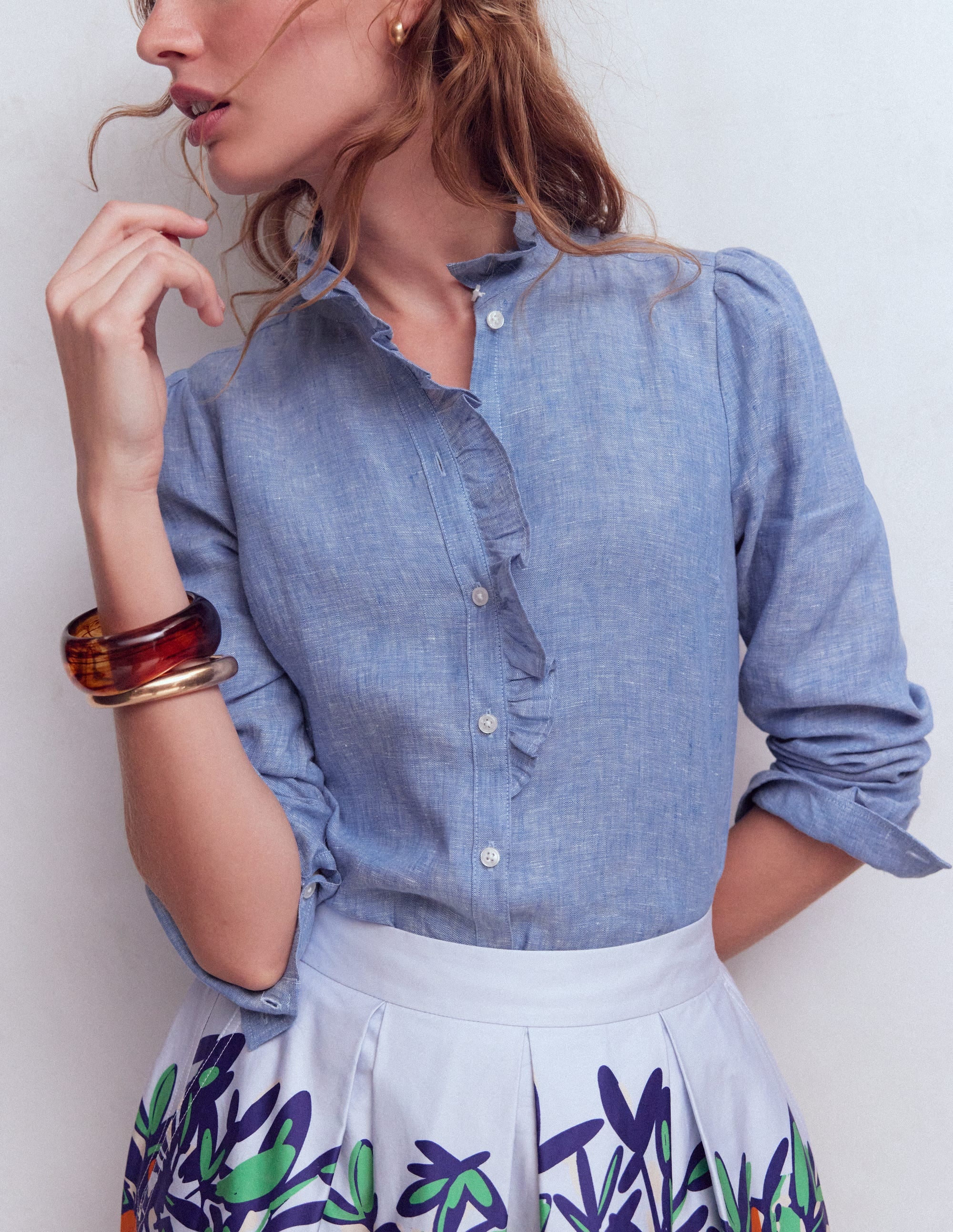 Isabel Ruffle Linen Shirt-Chambray - Image 3