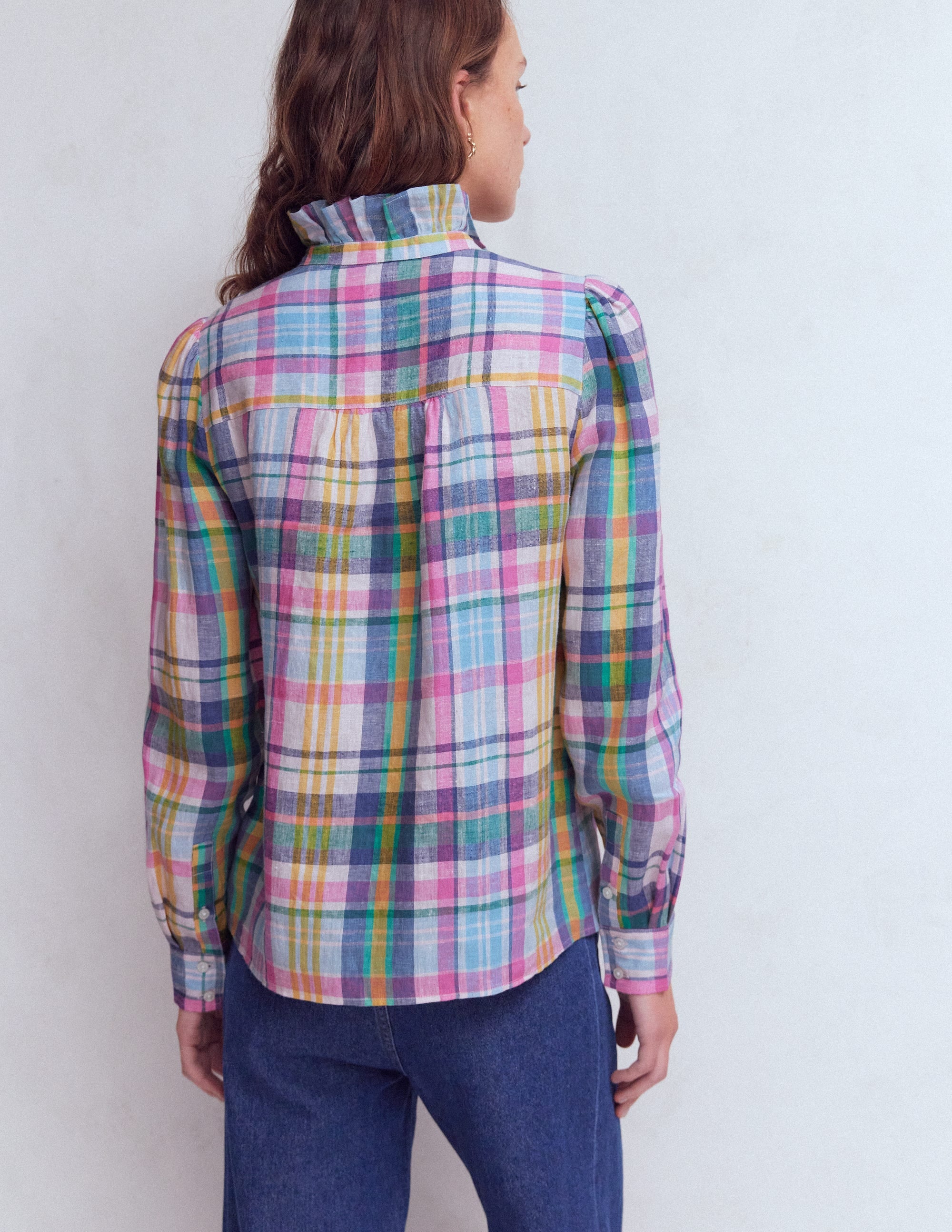 Isabel Ruffle Linen Shirt-Multi Check - Image 2
