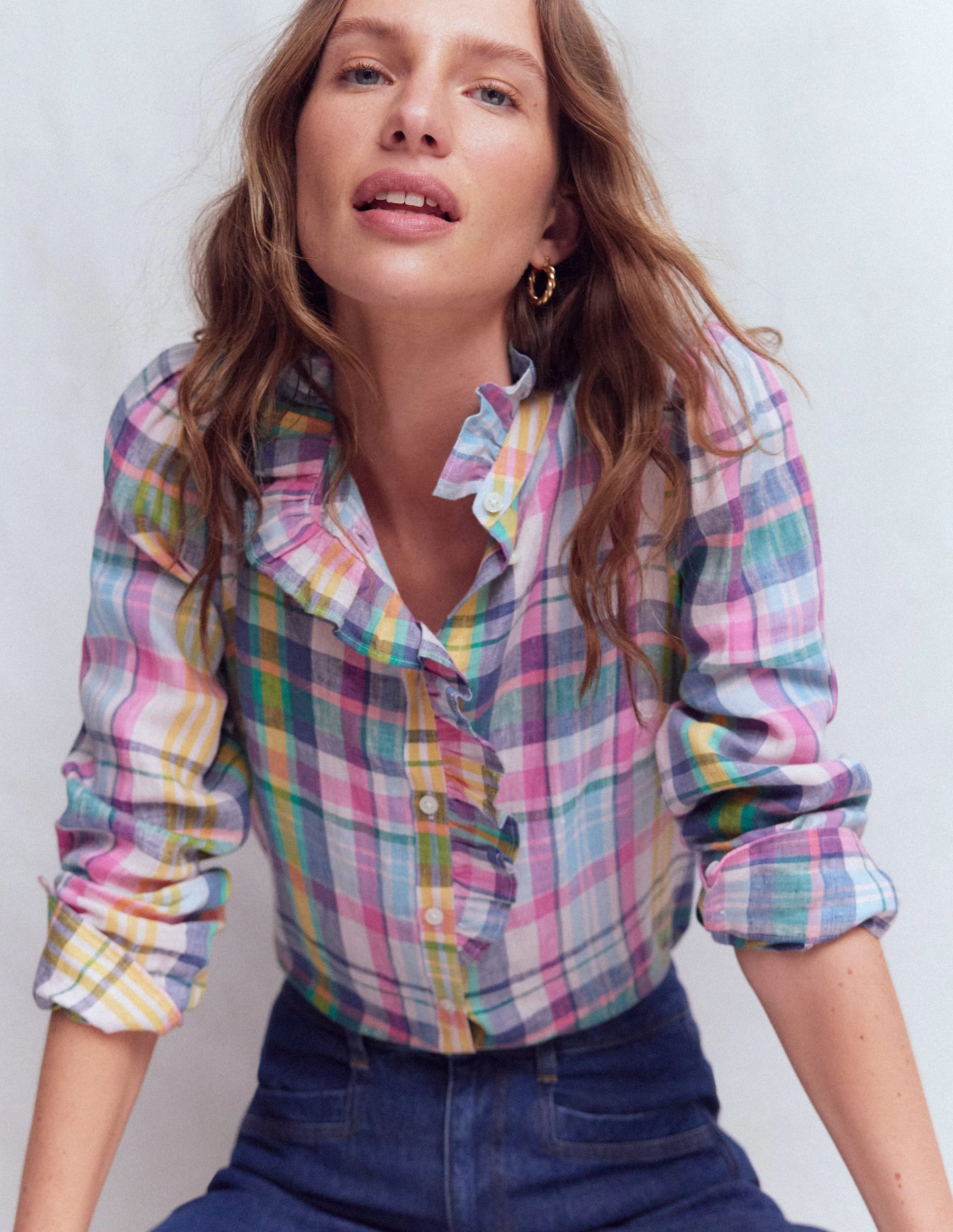 Isabel Ruffle Linen Shirt-Multi Check - Image 3