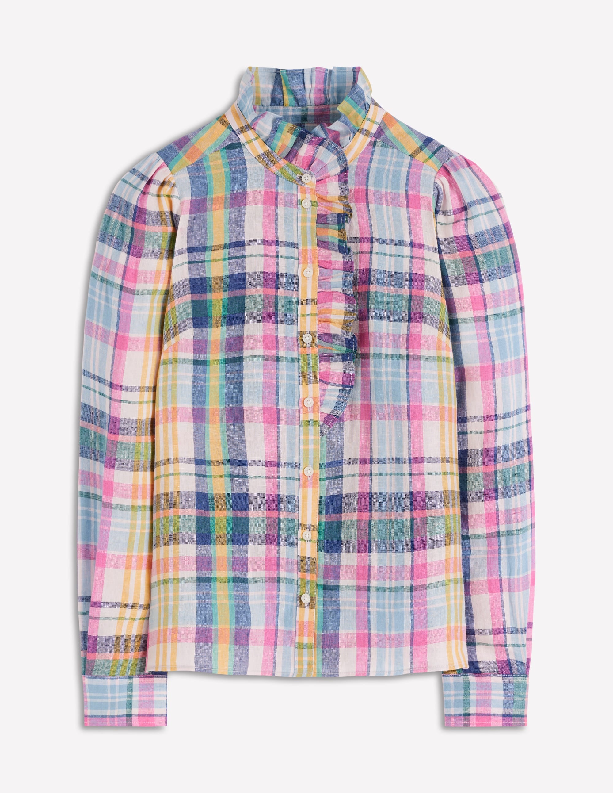 Isabel Ruffle Linen Shirt-Multi Check - Image 4