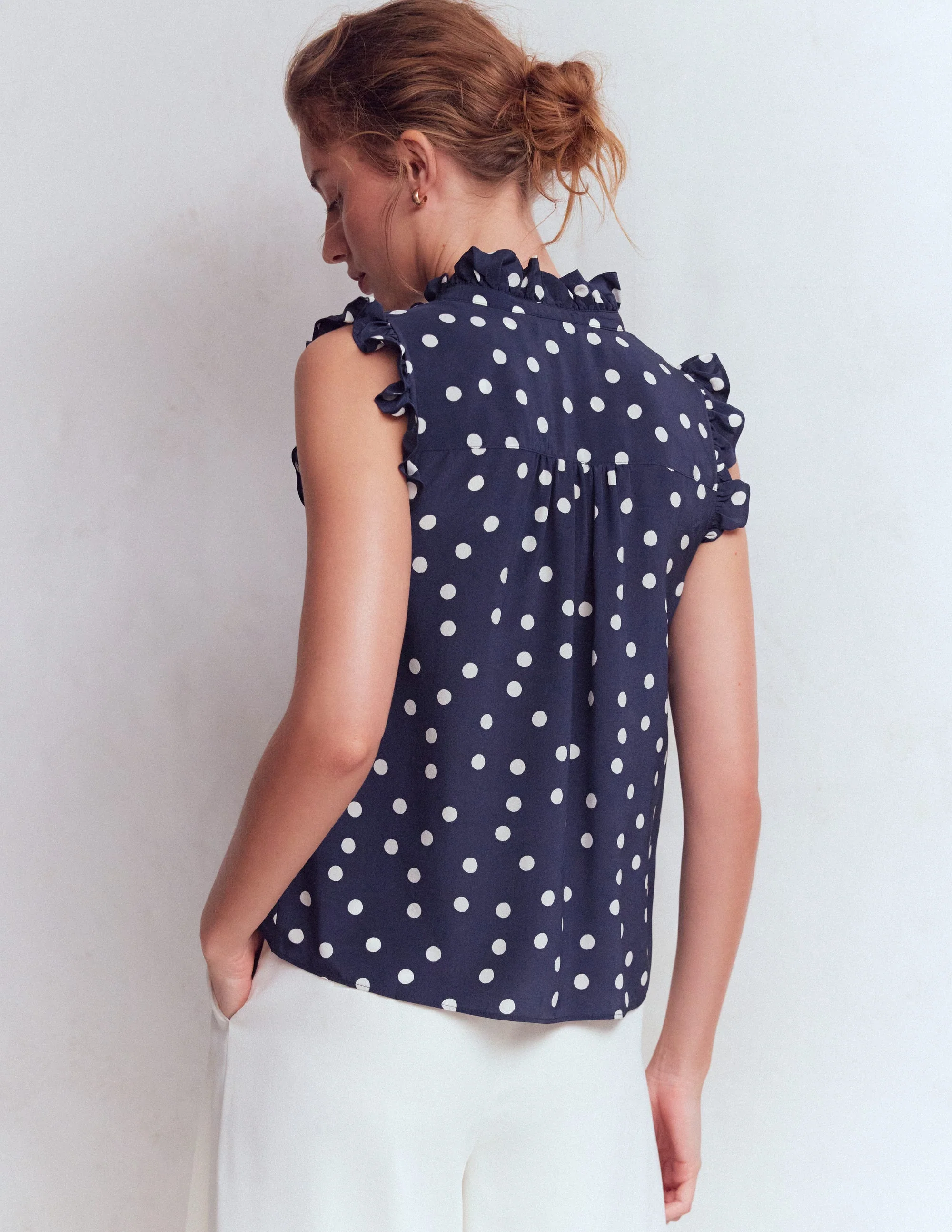 Isabel Sleeveless Silk Top-Navy and Ivory Spot - Image 3